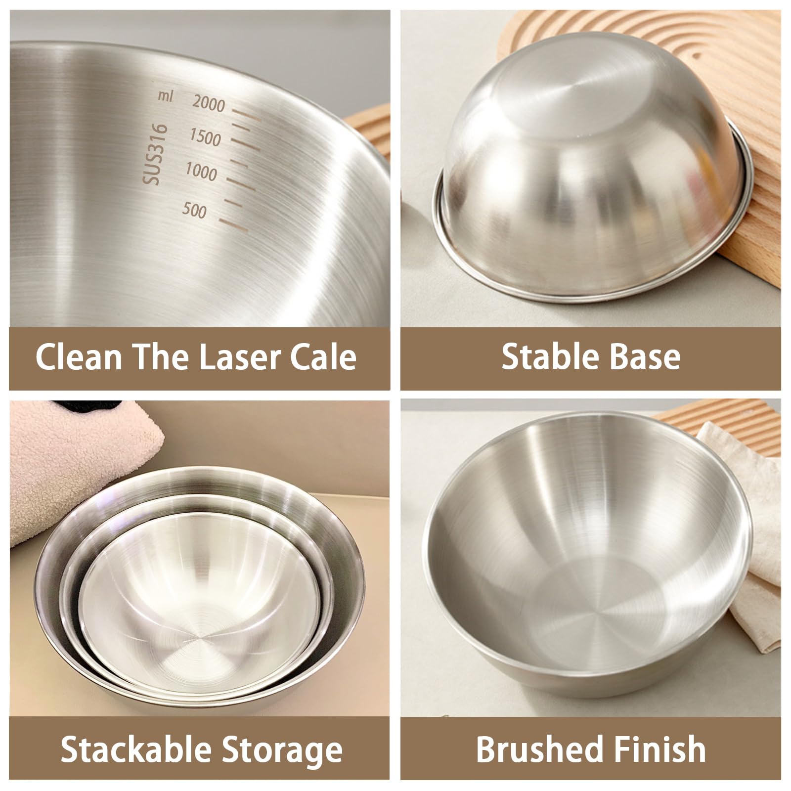 Set di 3 ciotole in acciaio inox, 22 cm, 19 cm, 17 cm, struttura monoblocco, fondo antiscivolo, finitura spazzolata, ideali come ciotole per impastare, impastare, insalata e preparazione di