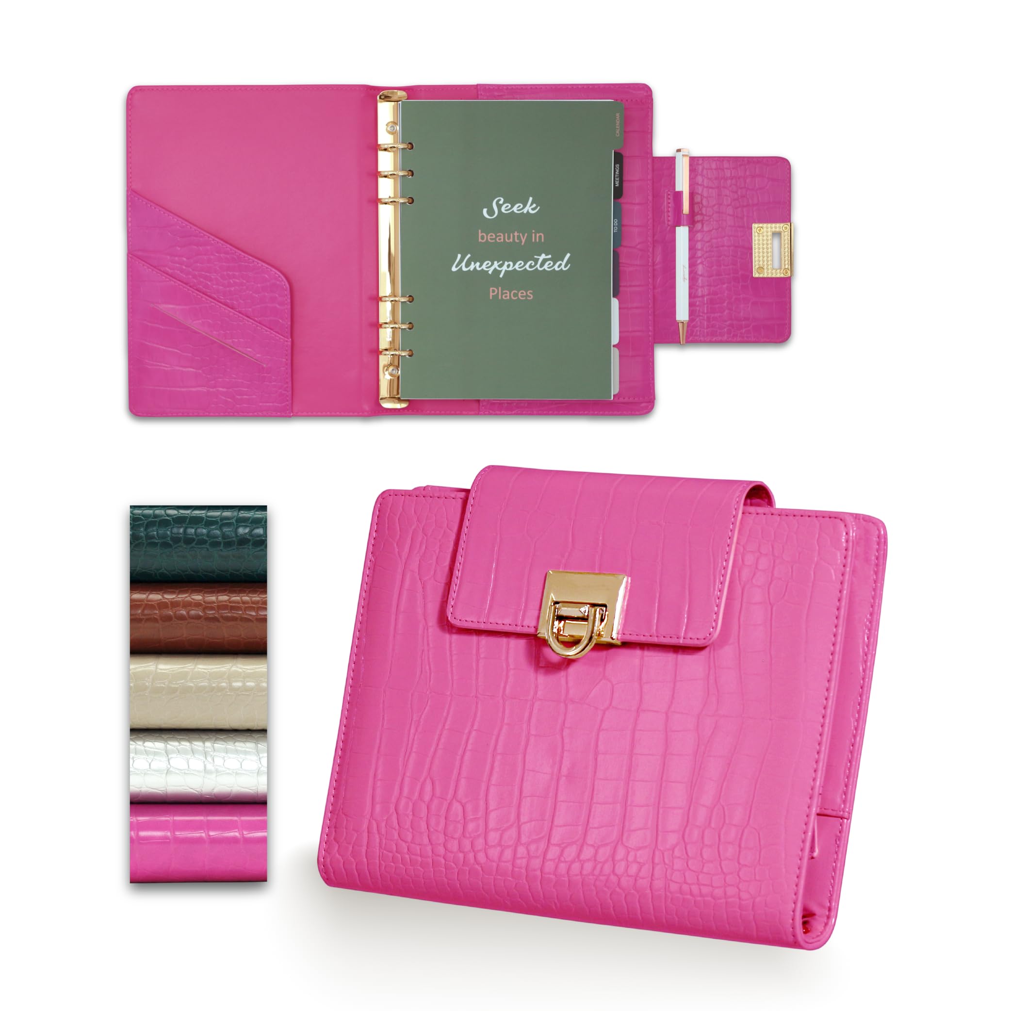 EGOSUNNY A5 Undated Leather Organiser โ (14.7 x 21.1 cm) Crocodile-Textured Planner, Refillable 6-Ring Binder with 80 Sheets, Dividers, Ballpoint Pen (Barbie Pink) โ image 1