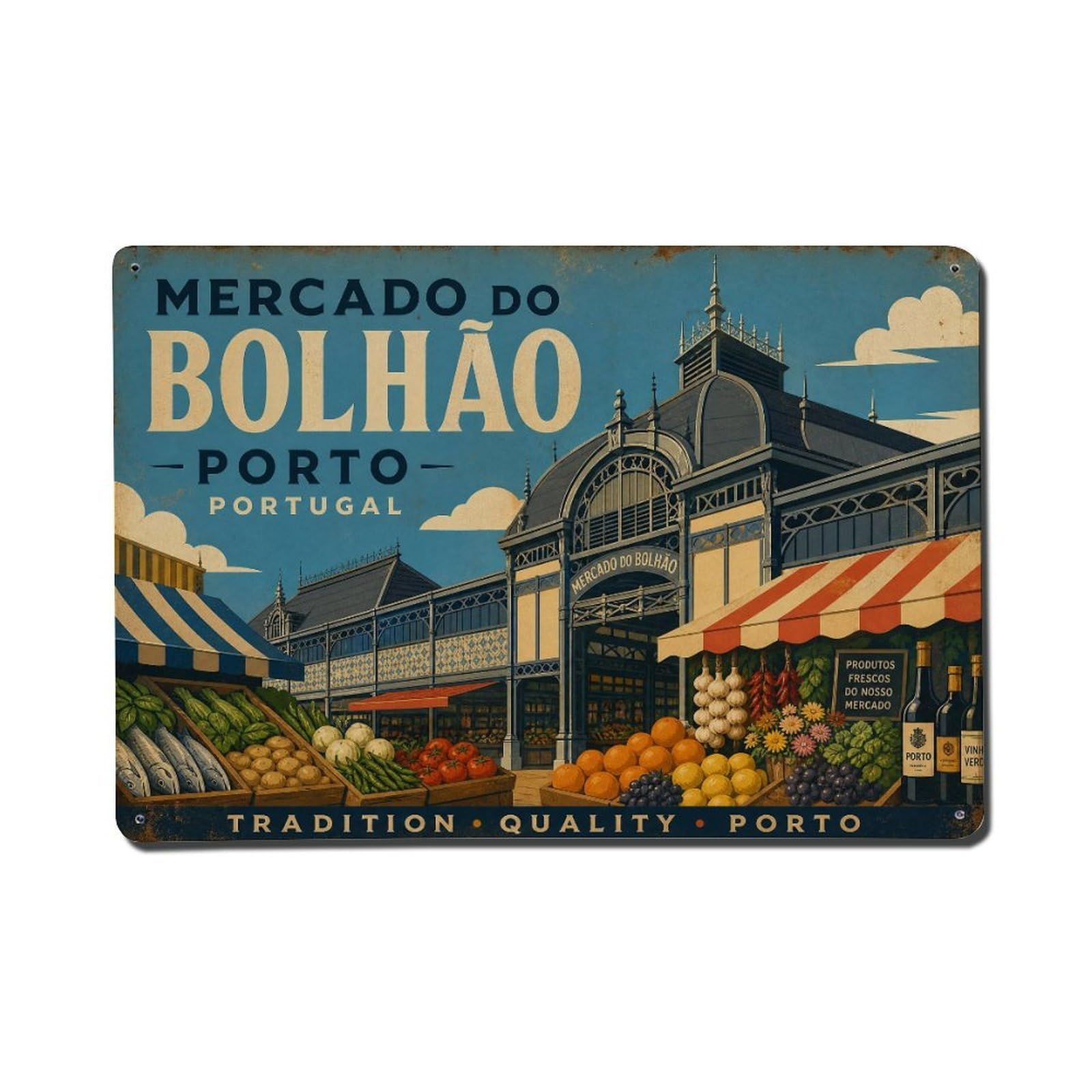 Vintage Travel Mercado Bolhao Market Hall Food Portugal Metal Tin Sign