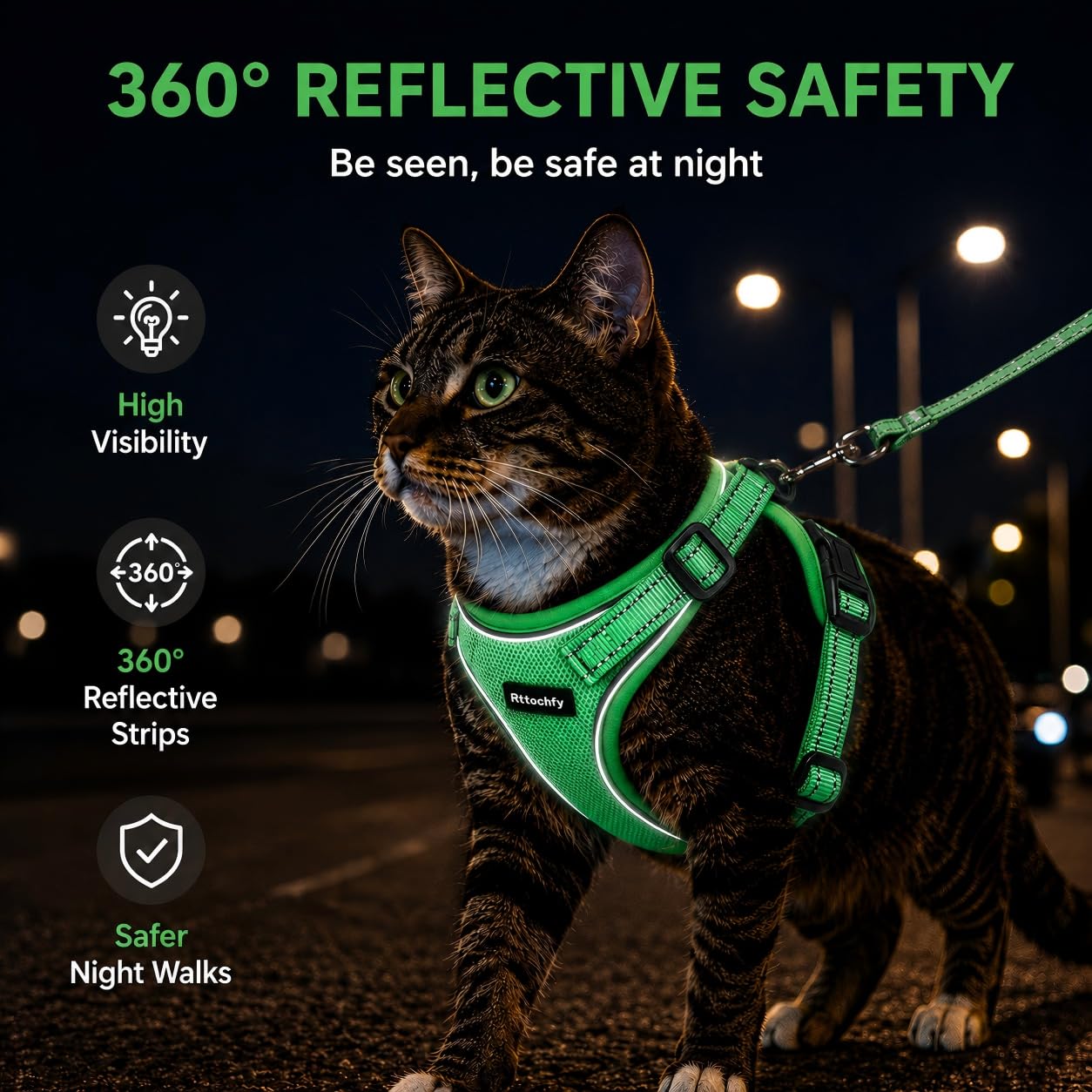 Rttochfy Juego de arnés y Correa para Gatos, Chaleco Ajustable y Reflectante, arnés para Gatitos a Prueba de Escapes, fácil de Poner con 3 Hebillas para Gatos Que Caminan y viajan (Naranja, S)