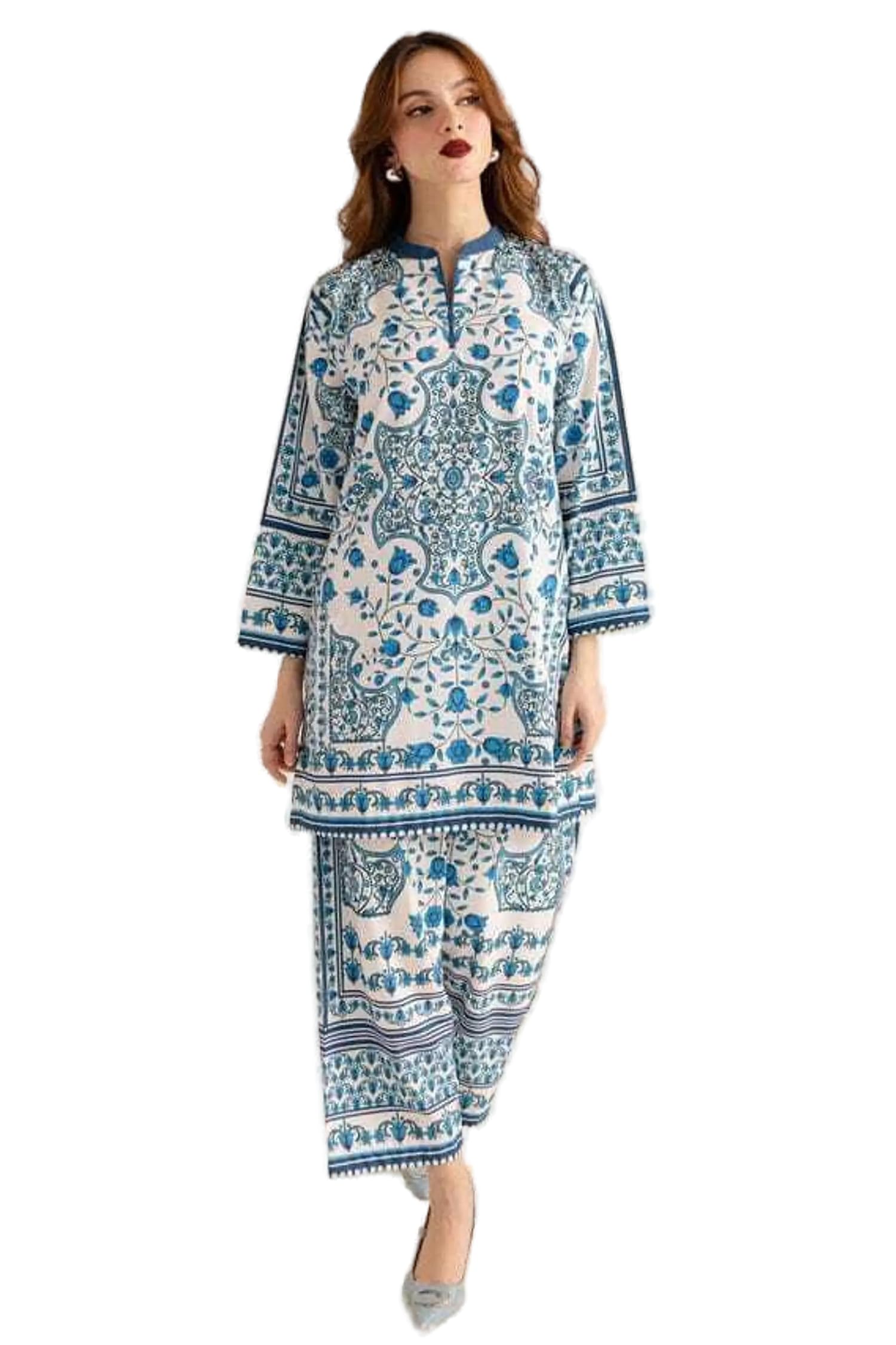 Women's Printed Co-ord Set, Blue Floral Pattern, Long Tunic with Palazzo Pants