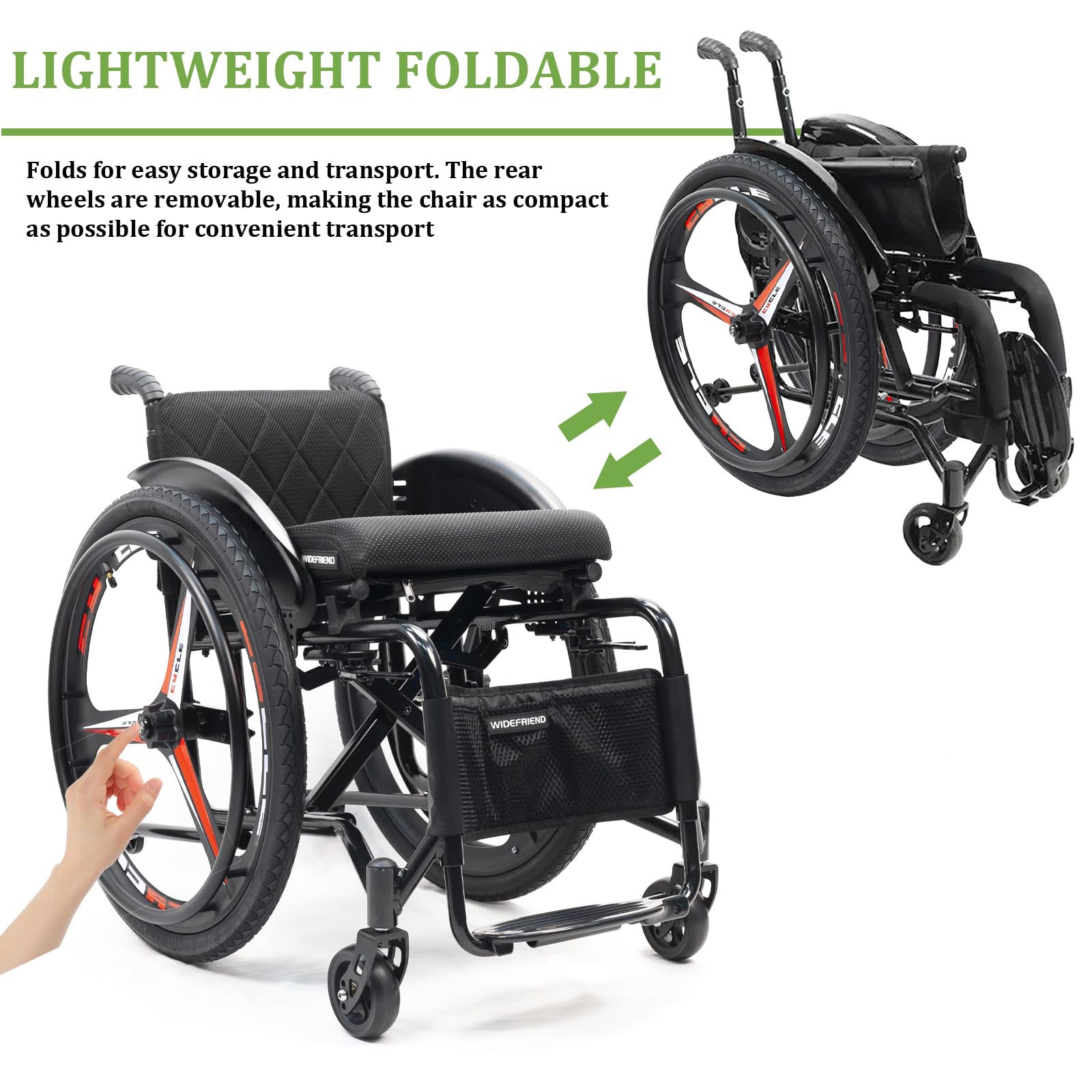 Sedia a Rotelle ad Autospinta Pieghevole Leggera, Poggiapiedi Pieghevoli, Freno Manuale, Ruote antiribaltamento(43cm/16.9in Seat,Daily)