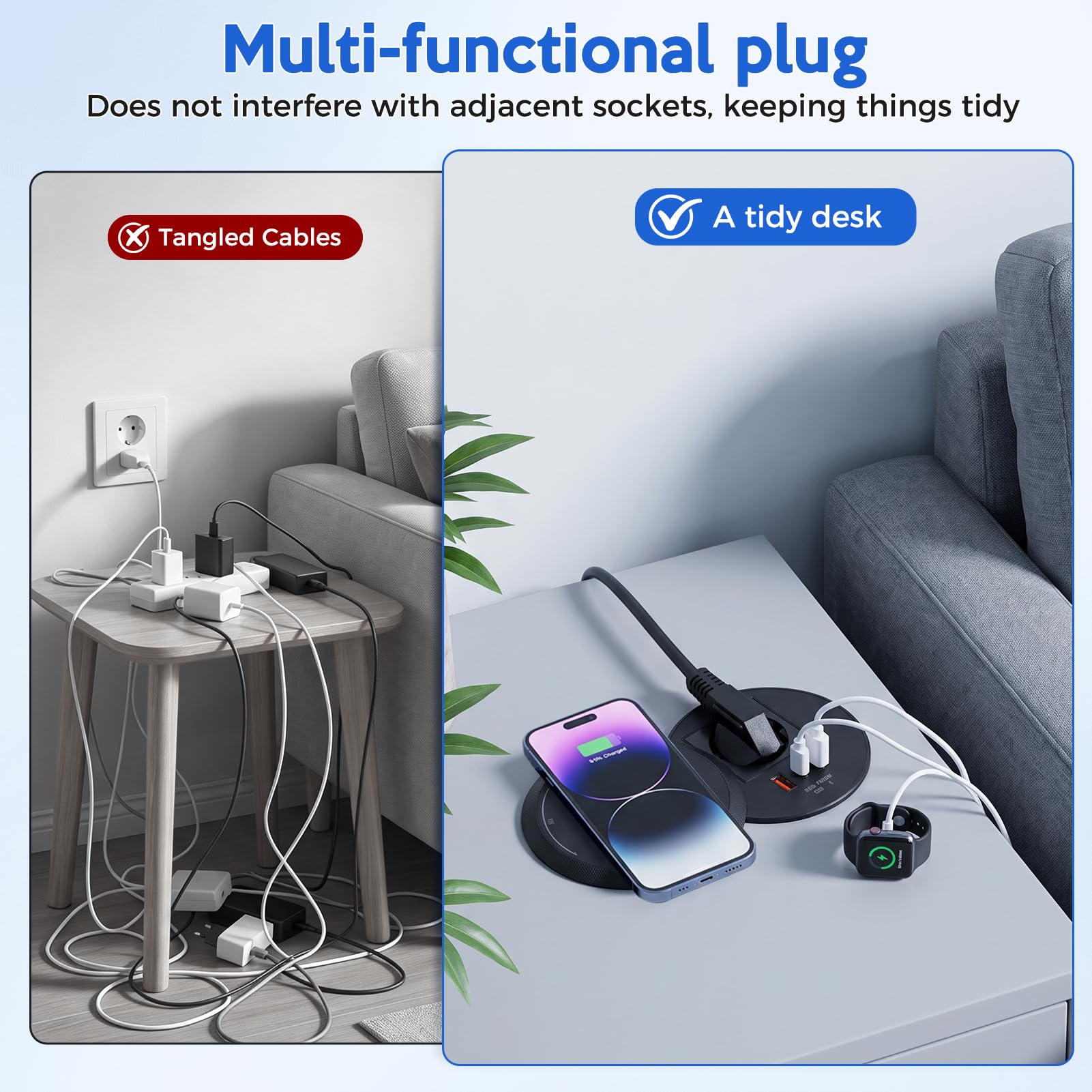 Gniazdo wtykowe do zabudowy z USB-C PD 20 W/15 W Qi ładowanie / 1,8 m do kuchni, na biurko