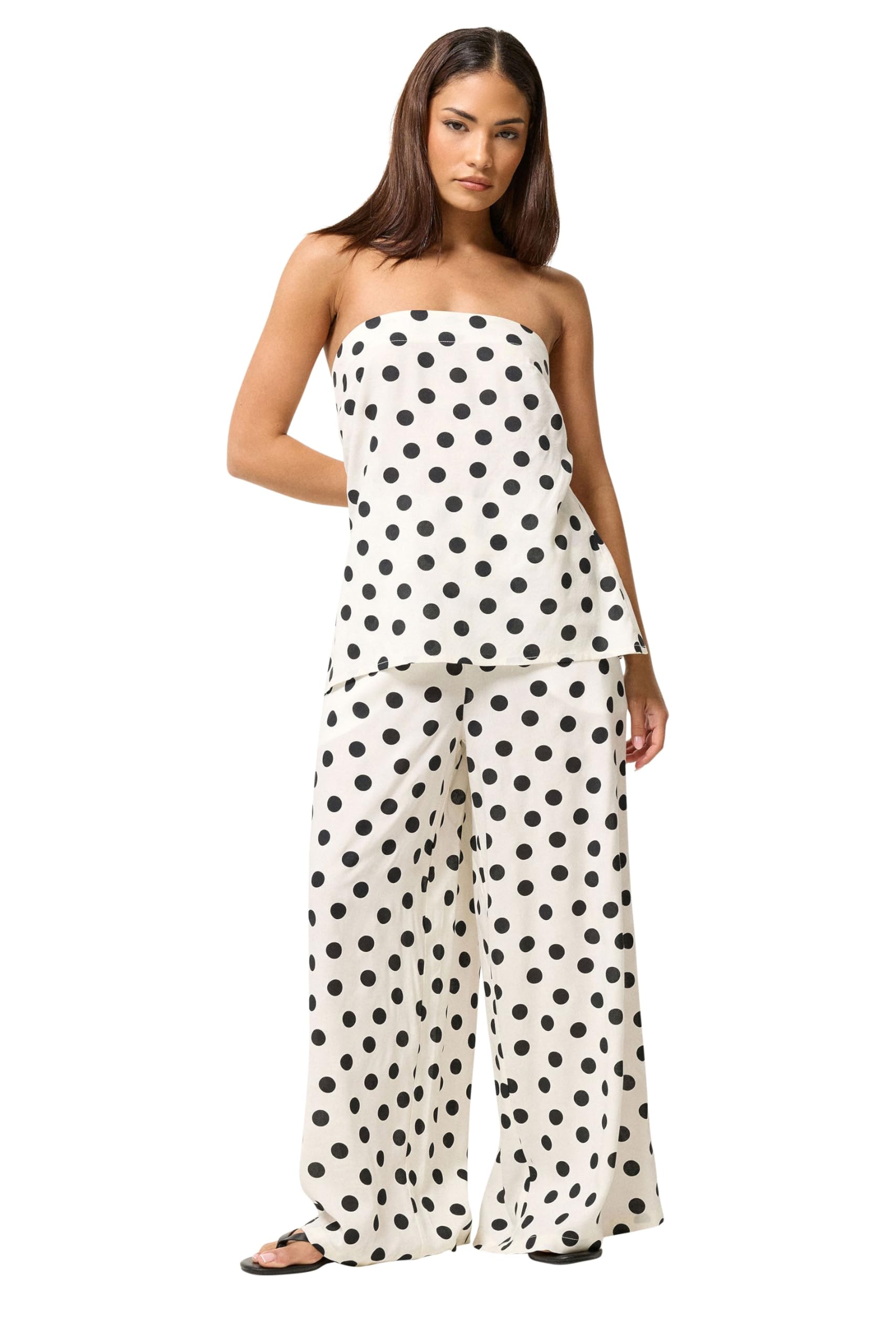 PixieGirl Petite Set White Polka Dot Bandeau Top & Wide Leg Trousers Petite