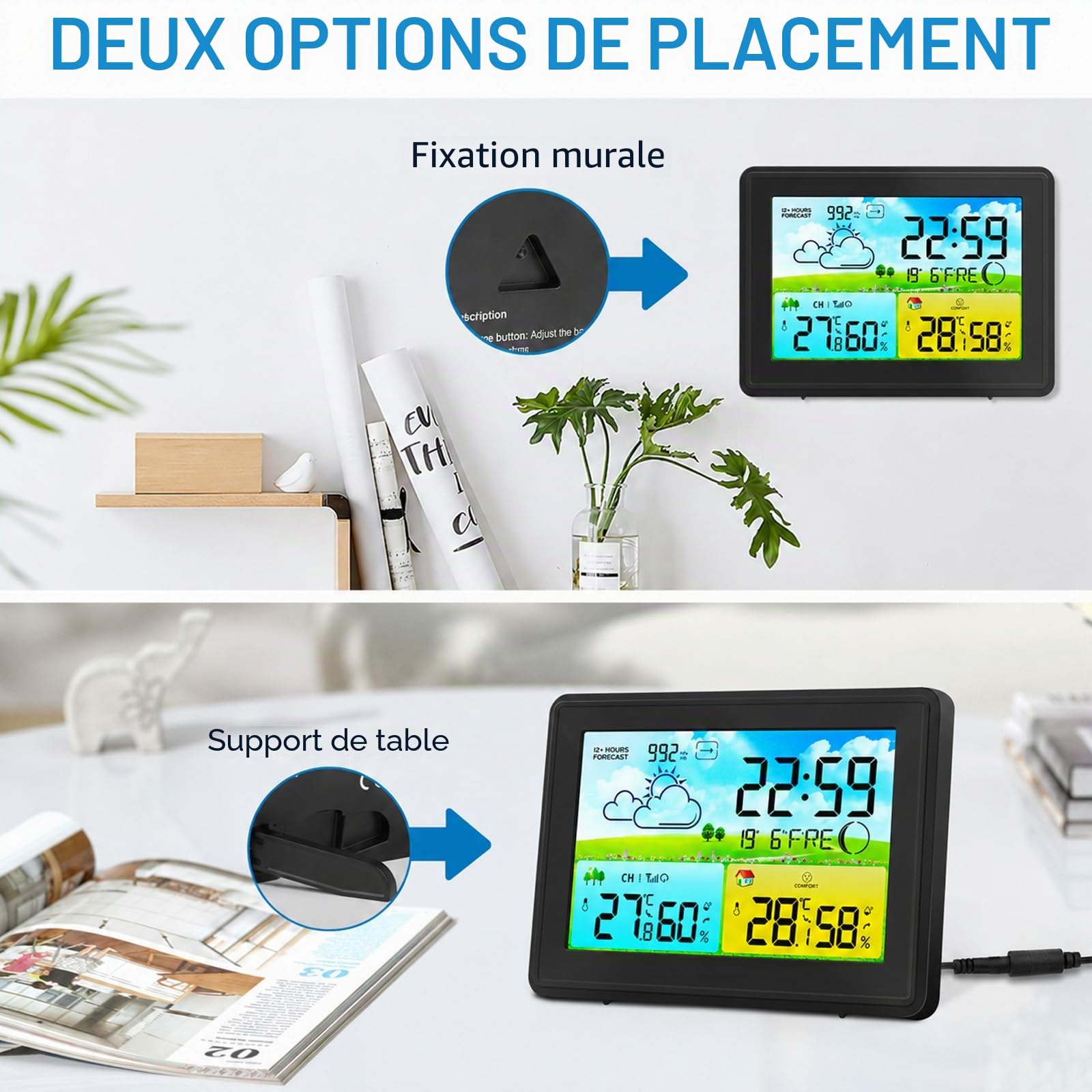 Station météo radio-pilotée avec capteur extérieur, température intérieure et extérieure, station météo radio avec prévisions météo, baromètre et phase lunaire, affichage numérique couleur horloge