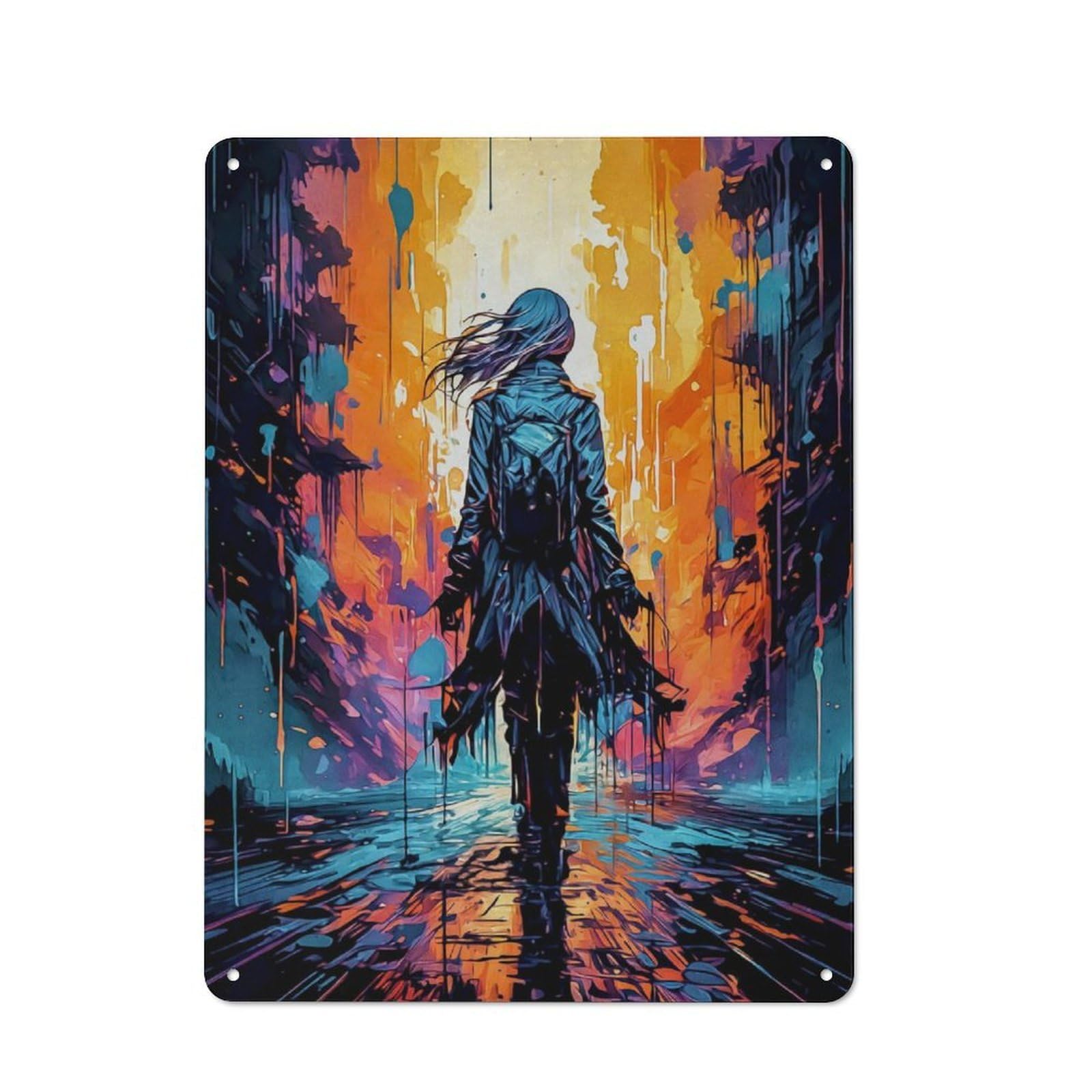 Junmoney Silhouette In A Colorful City Metal Plaque 40X30cm With For Hallway Wall, Rustic Decor, For Garage, Workshop And Man Cave Decoration