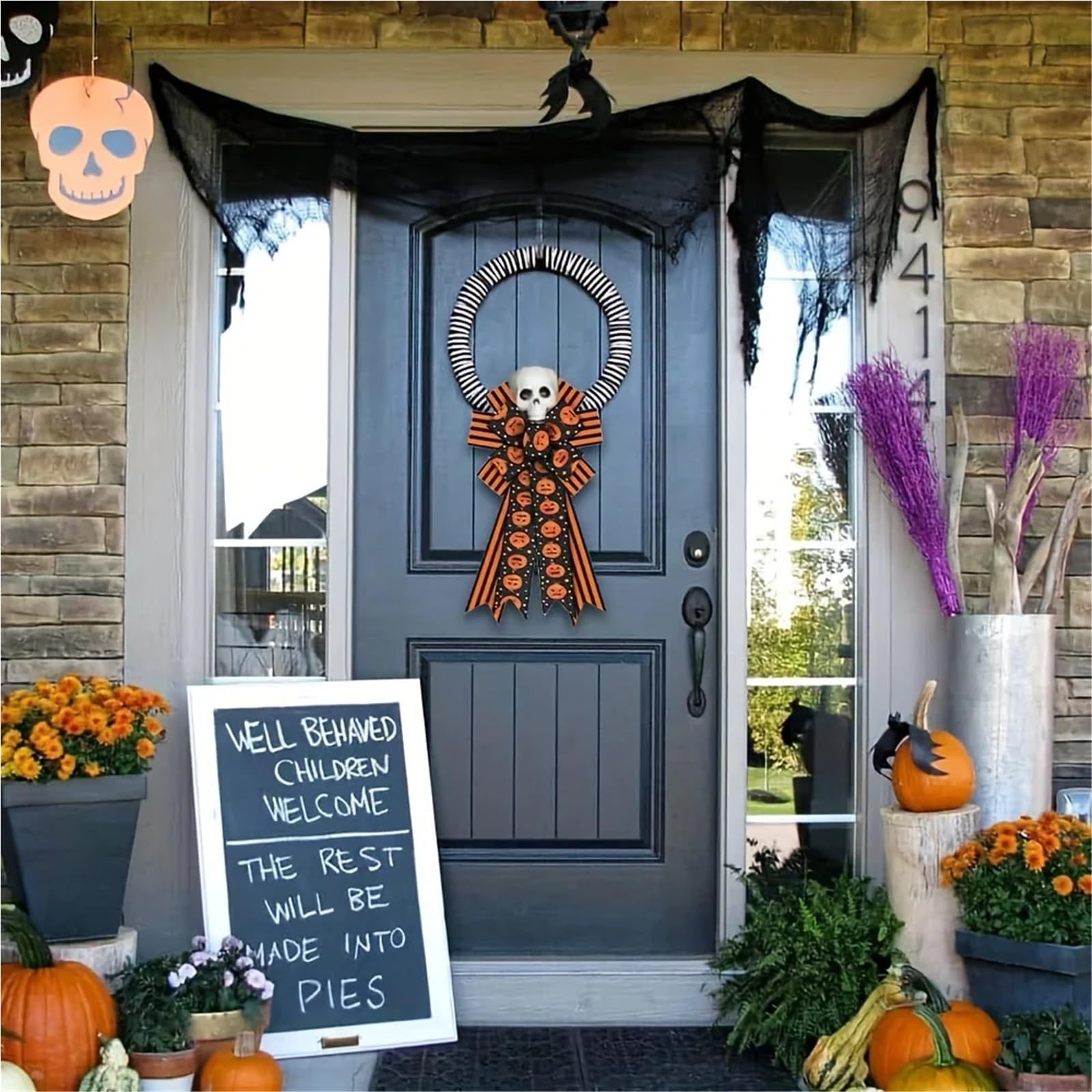 2 Pezzi Grandi Fiocchi for ghirlande di Halloween, Zucca Arancione a Strisce Nere for dolciumi da Porta d'ingresso for Dolcetto o Scherzetto per Ringraziamento(Simple)