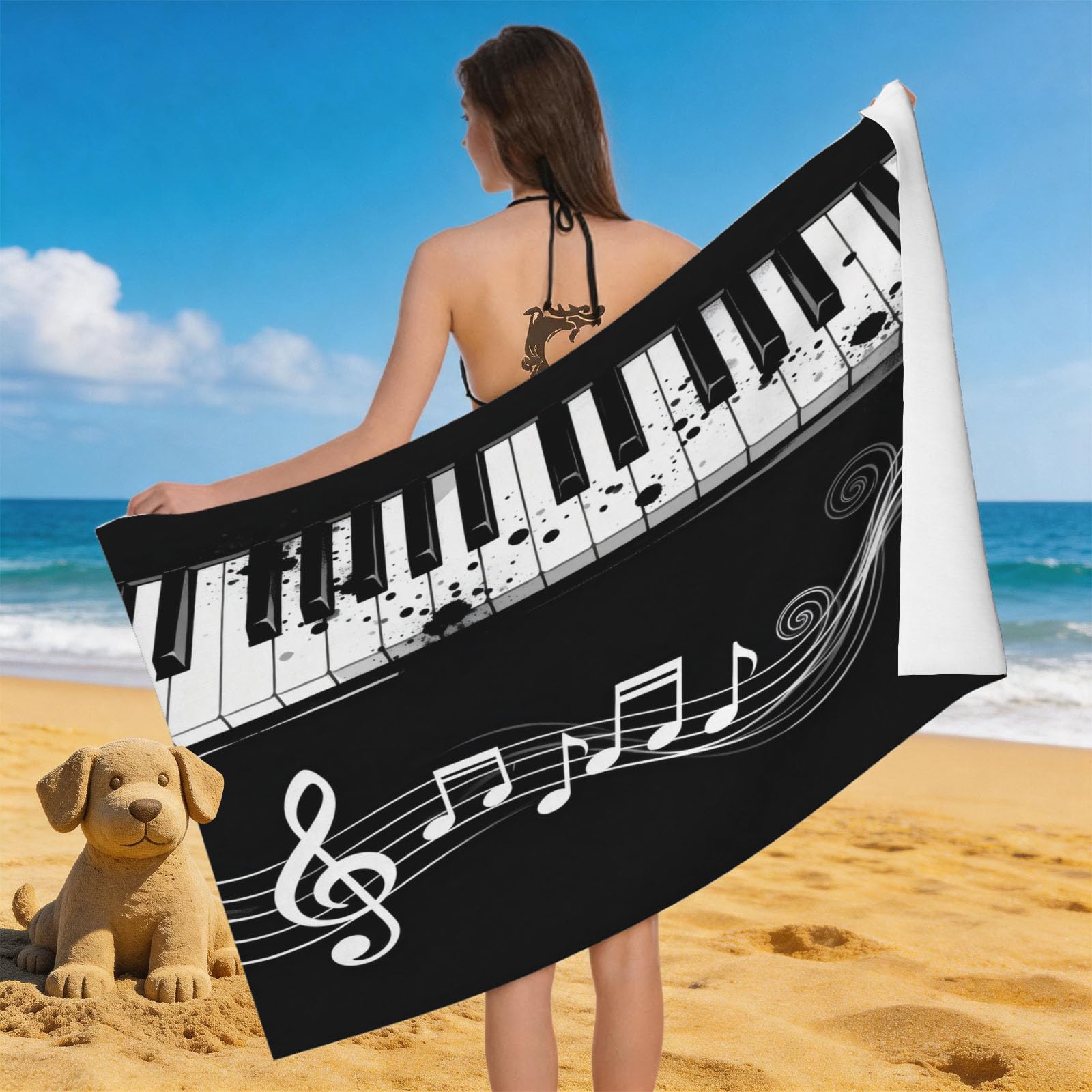 Leichong 3D Piano Keys Beach Towel Microfiber Soft Quick Dry for Adults, Music Theme Bath Towel Lightweight Soft Absorbent for Travel Swimming Pool Sports, 75 x 150 cm