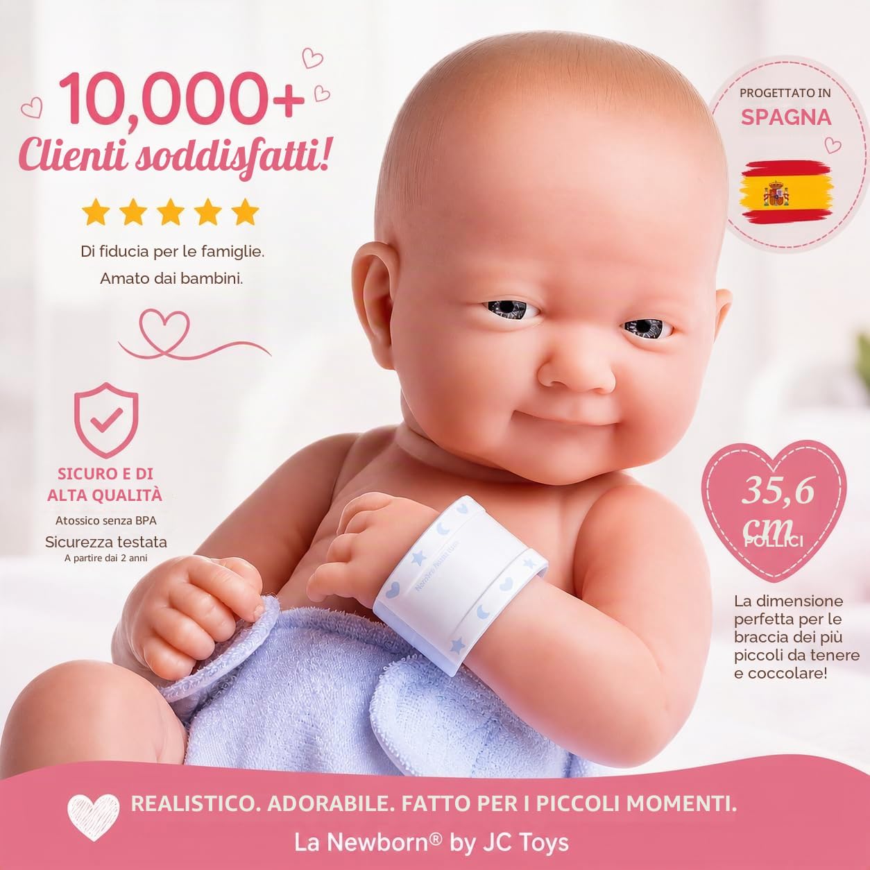 JC TOYS - Bambola La Newborn appena nata da 38 cm, in vinile morbido, include vestiti e 8 accessori, blu, disegnata in Spagna da Berenguer, 2 anni