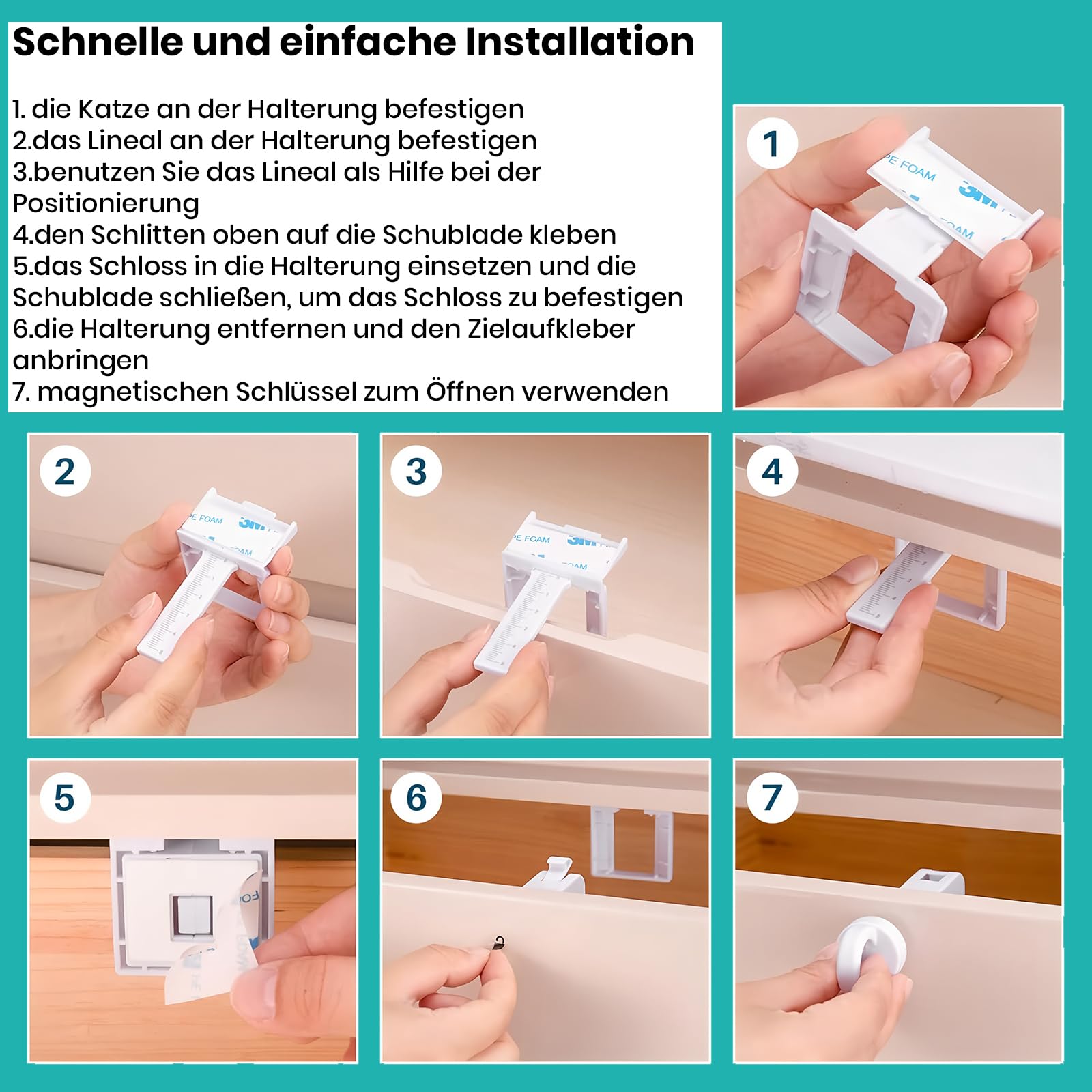 Child lock set: magnetic drawer lock (10 + 2). Oven safety (1) and stove button protection (2) invisible safety solution without drilling: screws - Image 3