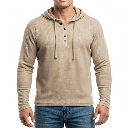 Men's Waffle Knit Henley Hoodie, Slim Fit Thermal Pullover with