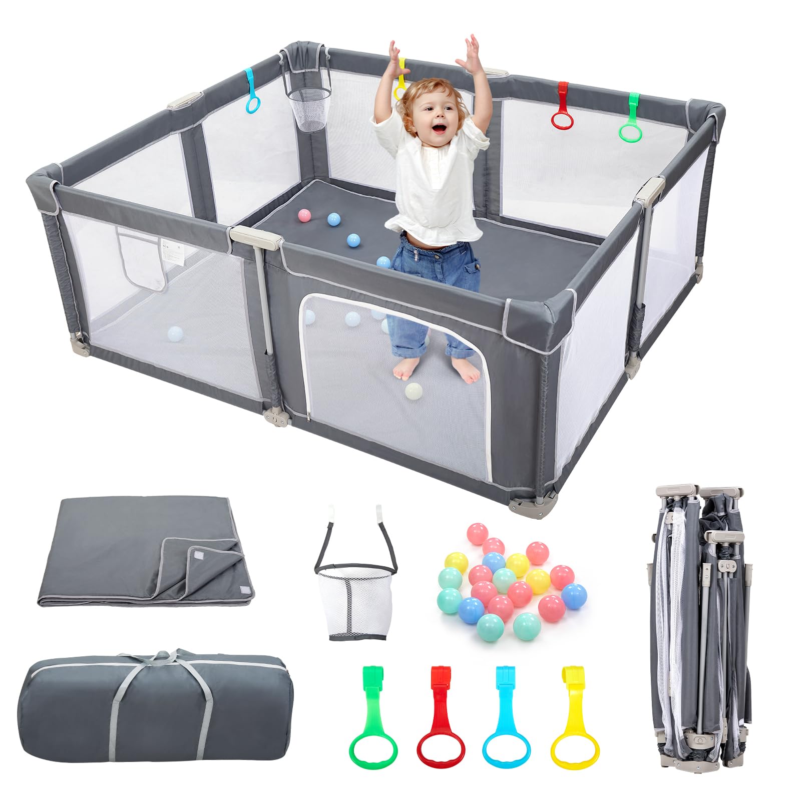 CHOLY Parc pliable pour bébé 180 x 150 cm avec tapis, parc pour bébés et tout-petits, aire de jeux portable avec balles océaniques et 4 poignées, clôture pour enfants à montage rapide avec sac de