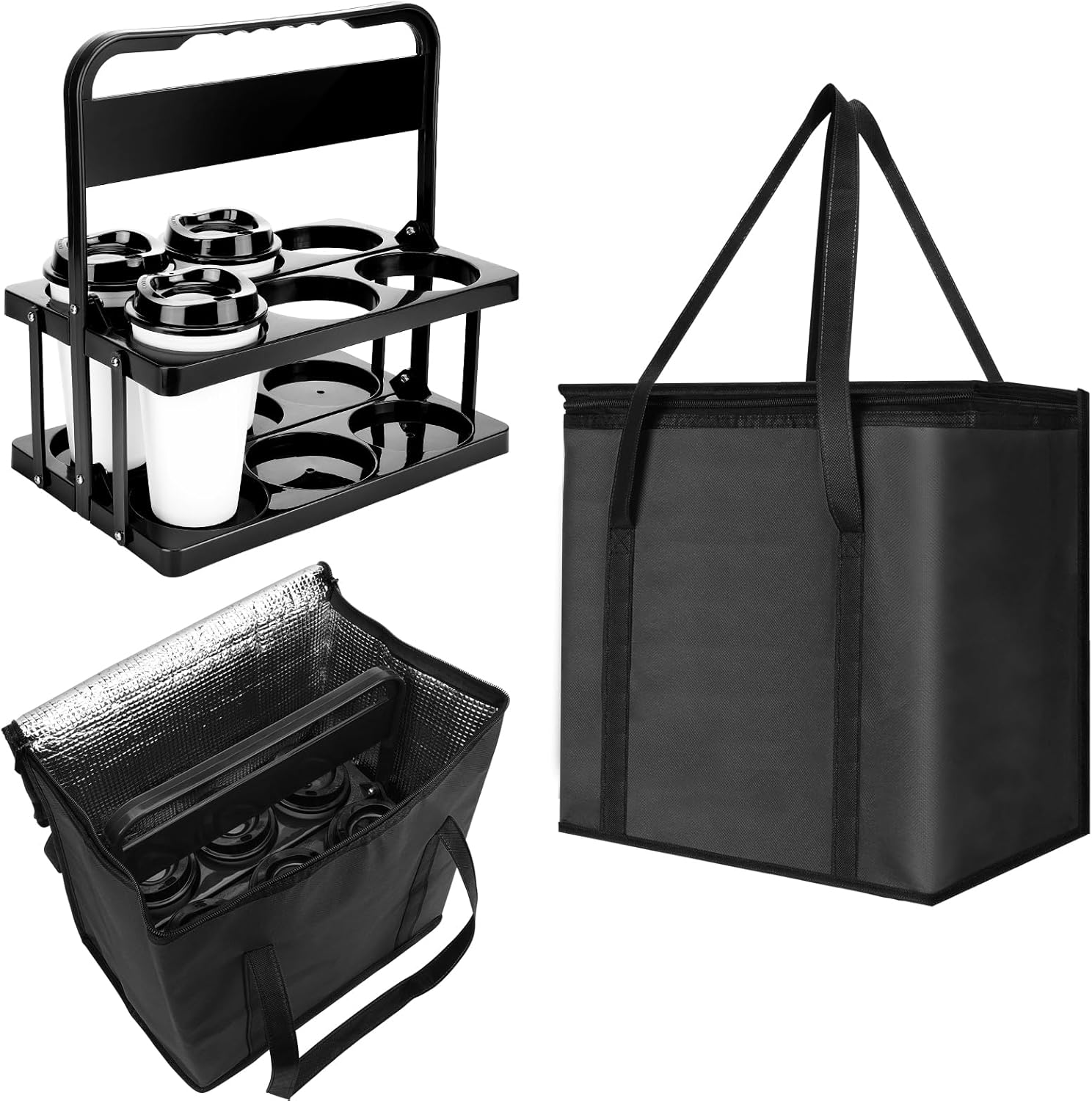 Reusable 6 Cup Drink Carrier with Handle and Insulated Bag for Hot and Cold Drink/Food, Foldable Plastic Cup Holder and Large Capacity Insulated Food Bag for Travel and Delivery