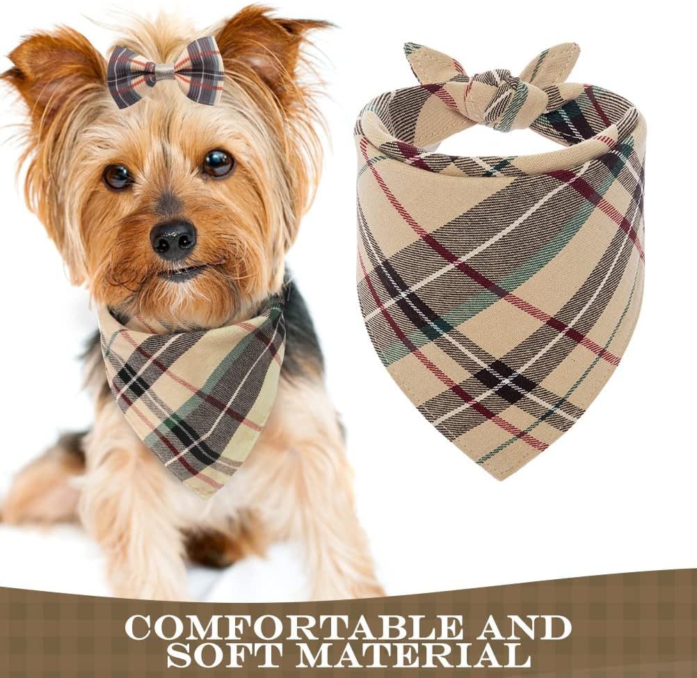 PUPTECK Soft Mesh Dog Harness with Bow Tie Dog Collar with Bell Set - Pet Puppy Comfort Padded Vest No Pull Harnesses, Classic Plaid Bandana Triangle Bibs Scarf Accessories