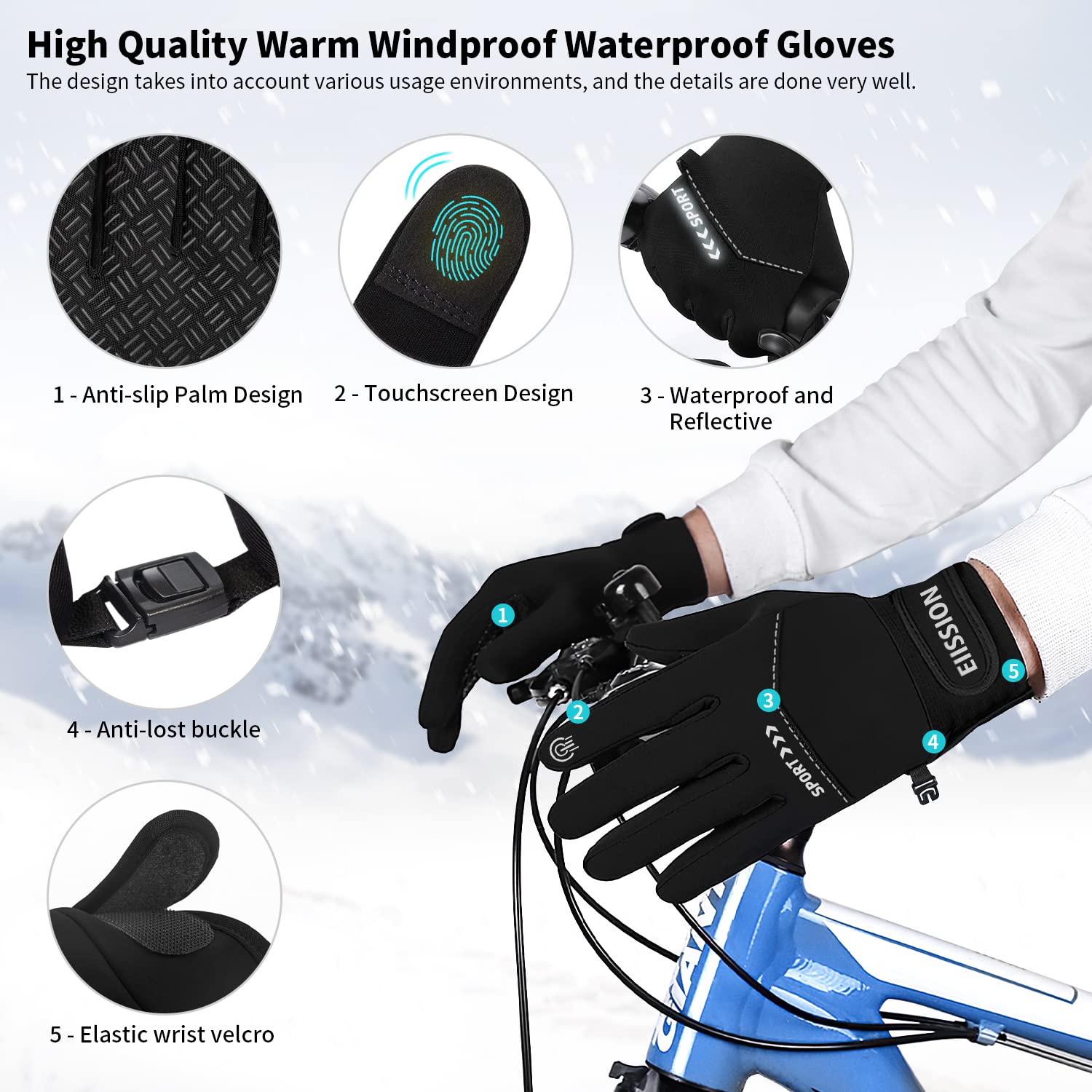 Guanti Invernali Uomo Donna, Guanti Invernali Ciclismo Guanti Touch Screen Unisex Antivento Guanti da Sci Guanti Sportivi da Caldi Esterni per Corsa Sci Snowboard Bici Alpinismo Trekking Nero