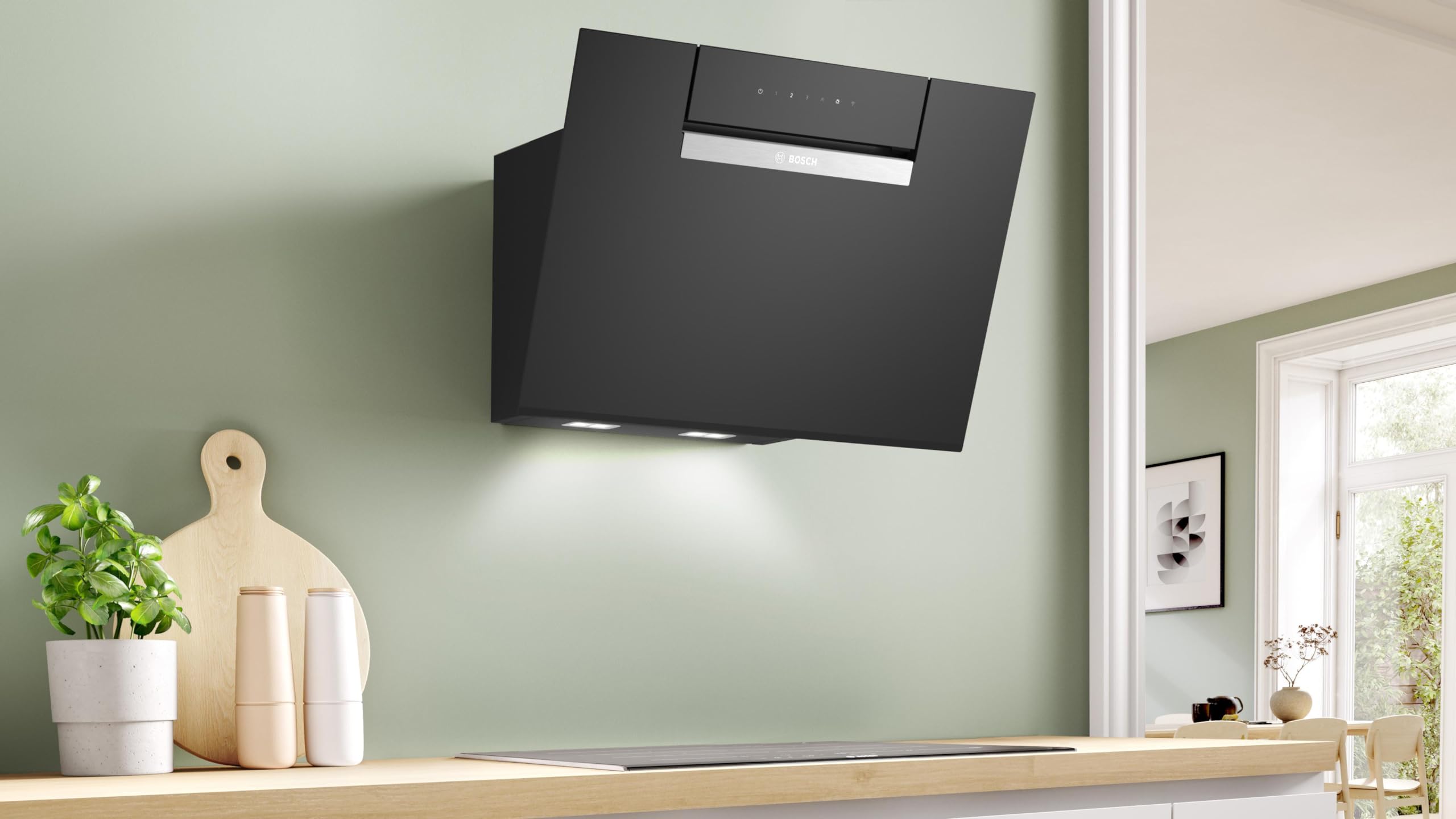 Bosch - Campana Extractora Decorativa de Pared, 60 cm, Serie 4, Electrónica TouchControl, Motor EcoSilence, Home Connect, Cristal Negro, DWK67FN60