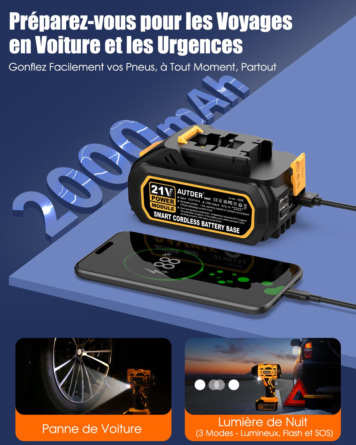 AUTDER Gonfleur Pneu Électrique 180 PSI, Compresseur à Air Sans Fil avec Batterie Amovible 21V et Câble d'Alimentation Voiture 12V, Arrêt Automatique, Écran LCD, Lampe LED pour Voiture, Jaune