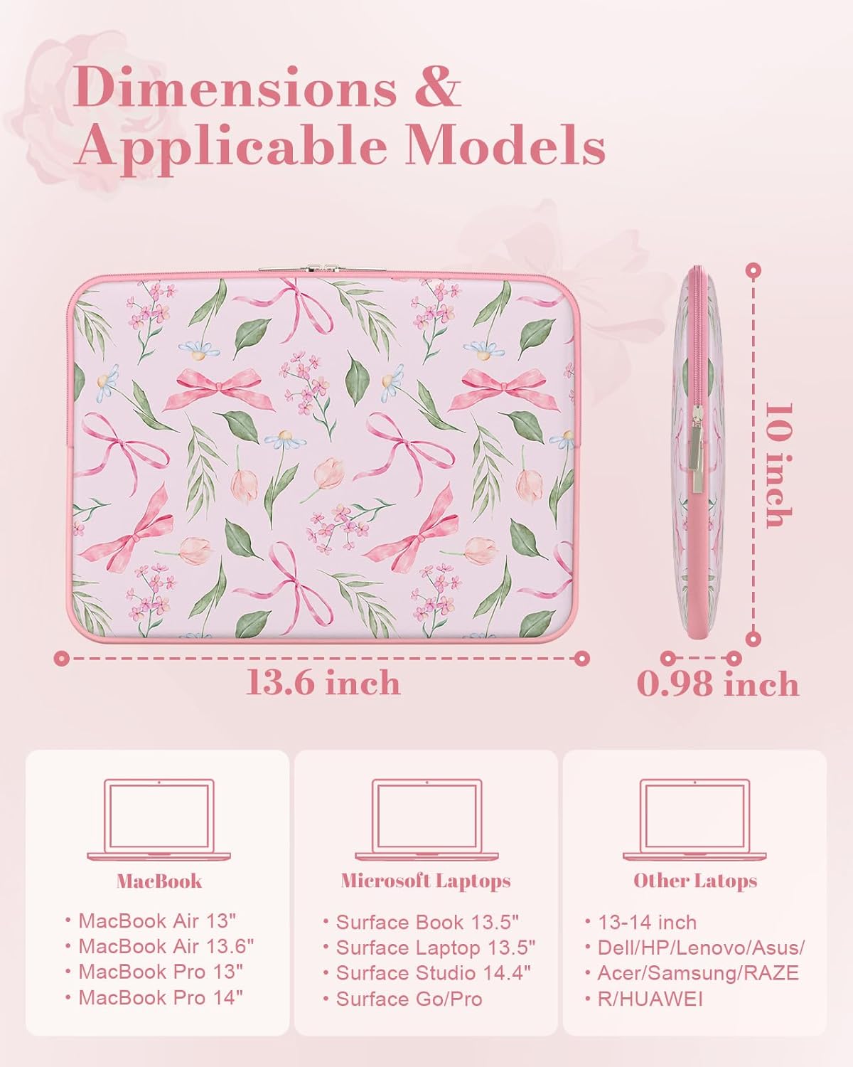 iCasso Laptop Sleeve 13 inch for MacBook Air 13-13.6 inch,Cute Laptop case for MacBook Pro 13 inch 14 inch, Slim Protective Travel Carrying Case Sleeve for 14 inch Chromebook, HP, Flower Bow Pink - Image 2