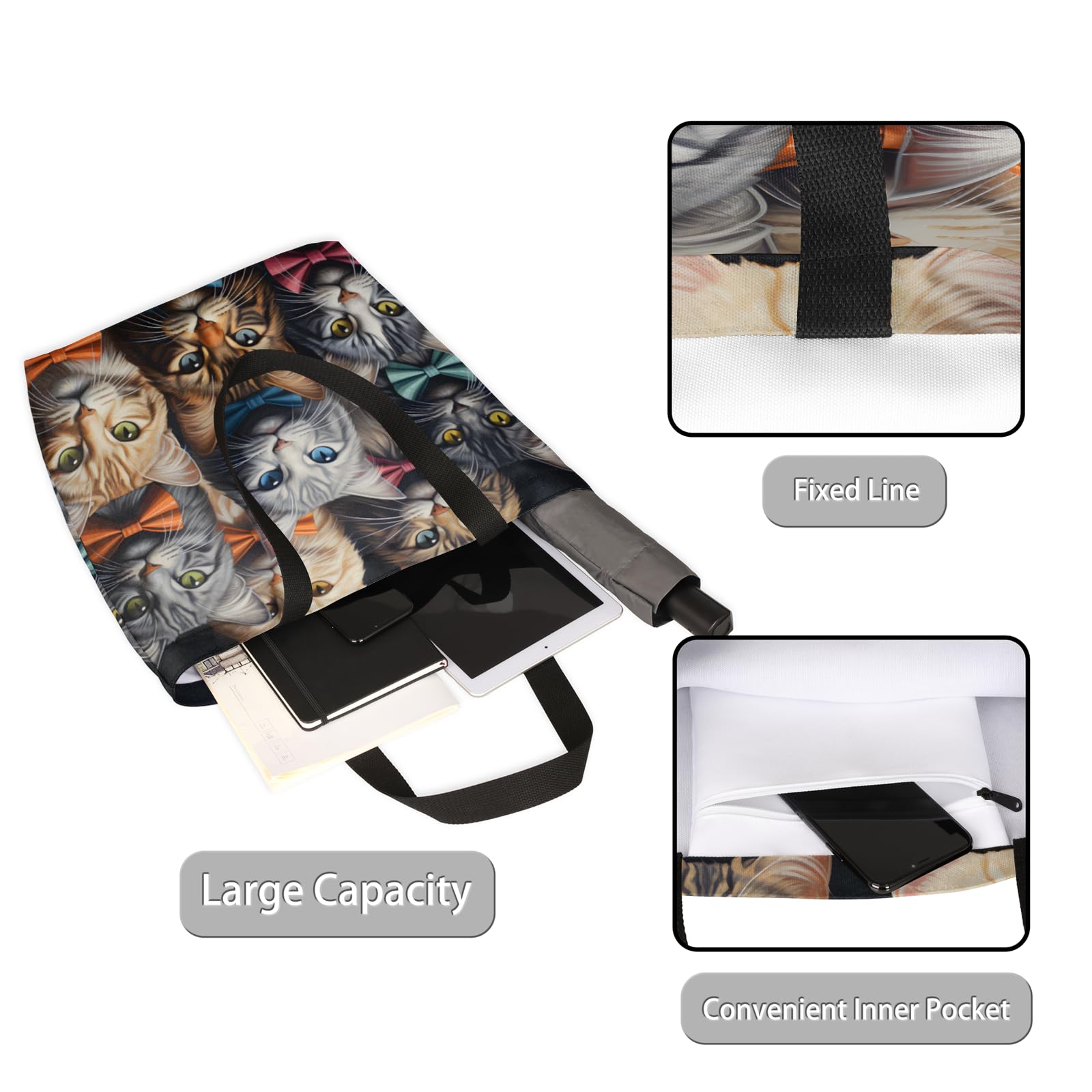 Mularoka Watercolour Cats Cute Large Capacity Canvas Tote Bag Stylish Handheld Shoulder Bag Reusable Shopping Bag for Work Travel Beach Trips Shopping