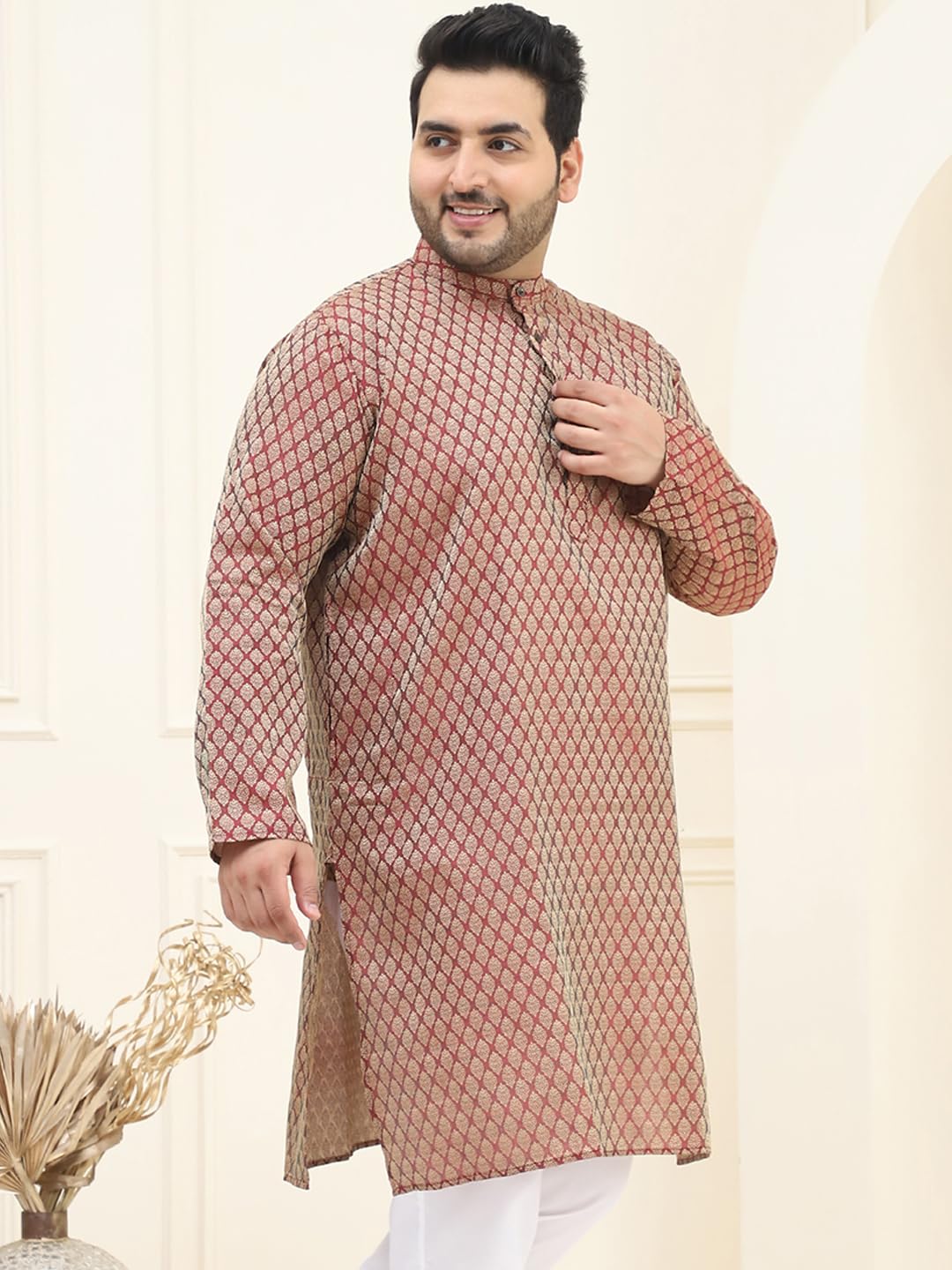 Sojanya Plus (Since 1958) Men's Silk Blend Maroon Self Design Only Long Kurta