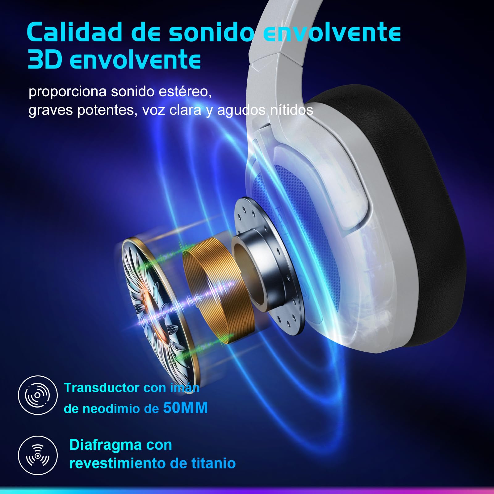 Fachixy「2025 Nuevo」FC200 Cascos Gaming Inalámbricos para PC, PS5, PS4, Auriculares Gaming Inalámbricos de 2,4GHz Wireless+Bluetooth - Baja Latencia, Duración 40Hr+, Luces RGB (Blanco-Negro)