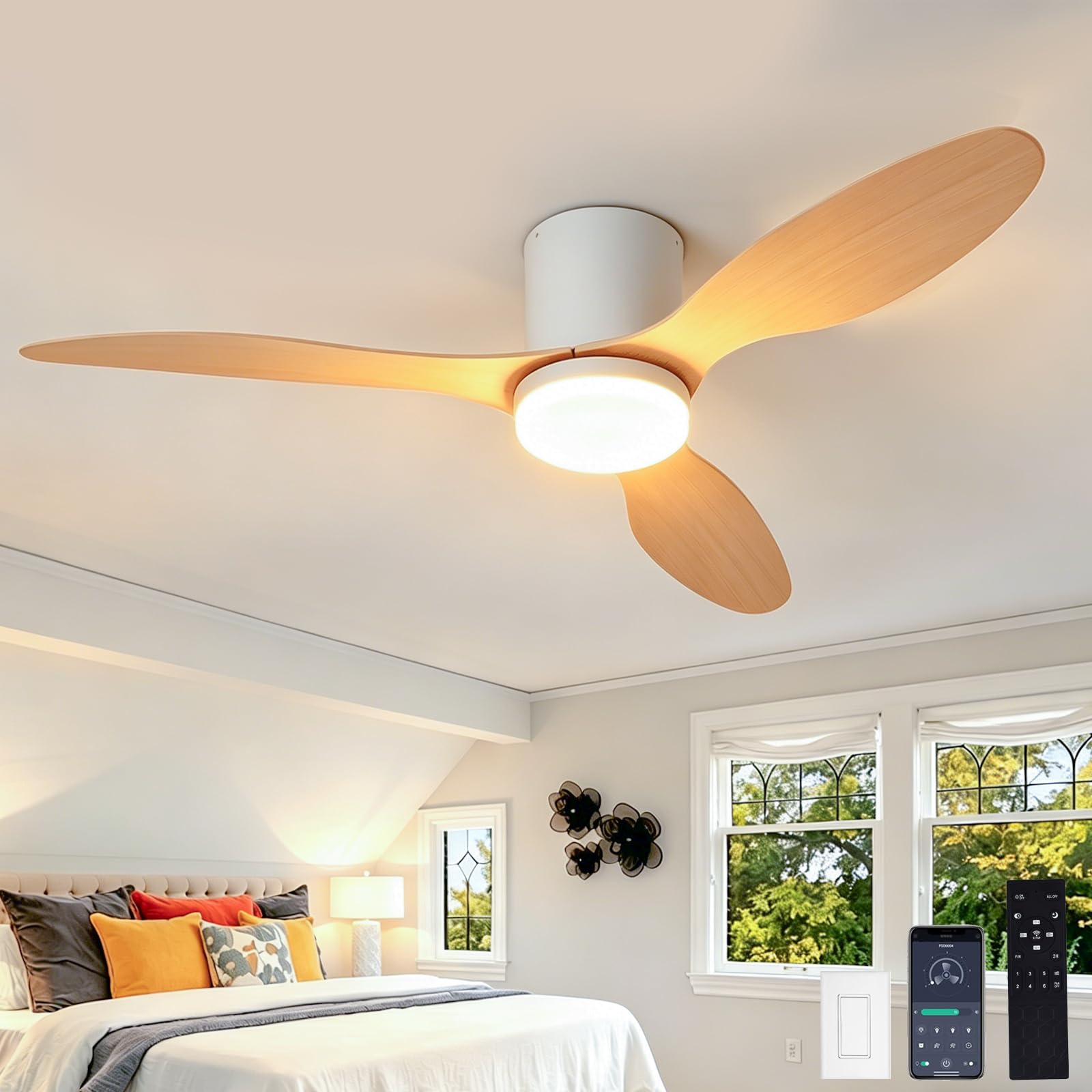 Fachae 42 Inch Modern Imitation Wood Ceiling Fan with LED Lights,40W Reversible Timer 6 Speed,Dimmable Smart Ceiling Fan Light with Remote Control,Indoor Living Room & Bedroom Ceiling Fan