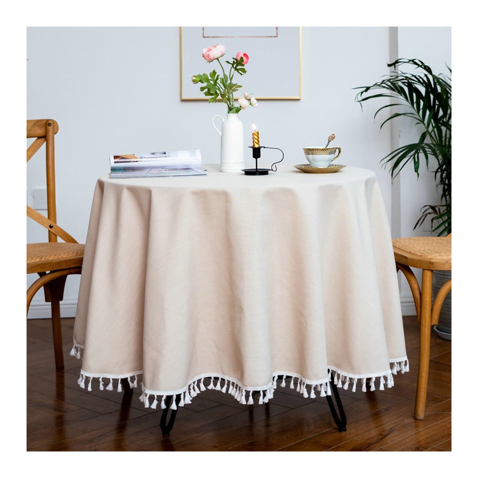Nappe ronde beige coton lin 280cm decoration table salle a manger anti tache