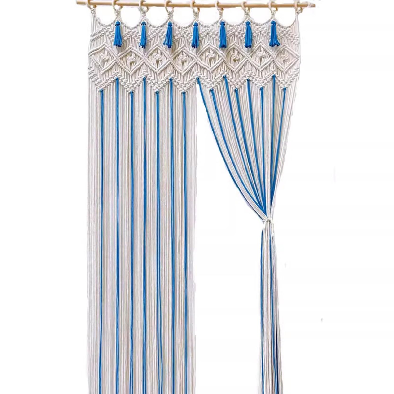 Rideau en macramé, pas de tringle nécessaire, séparateur de porte et de fenêtre en corde de coton coloré avec franges, décoratif, 90 x 190 cm, bleu – Parfait pour la décoration d'intérieur