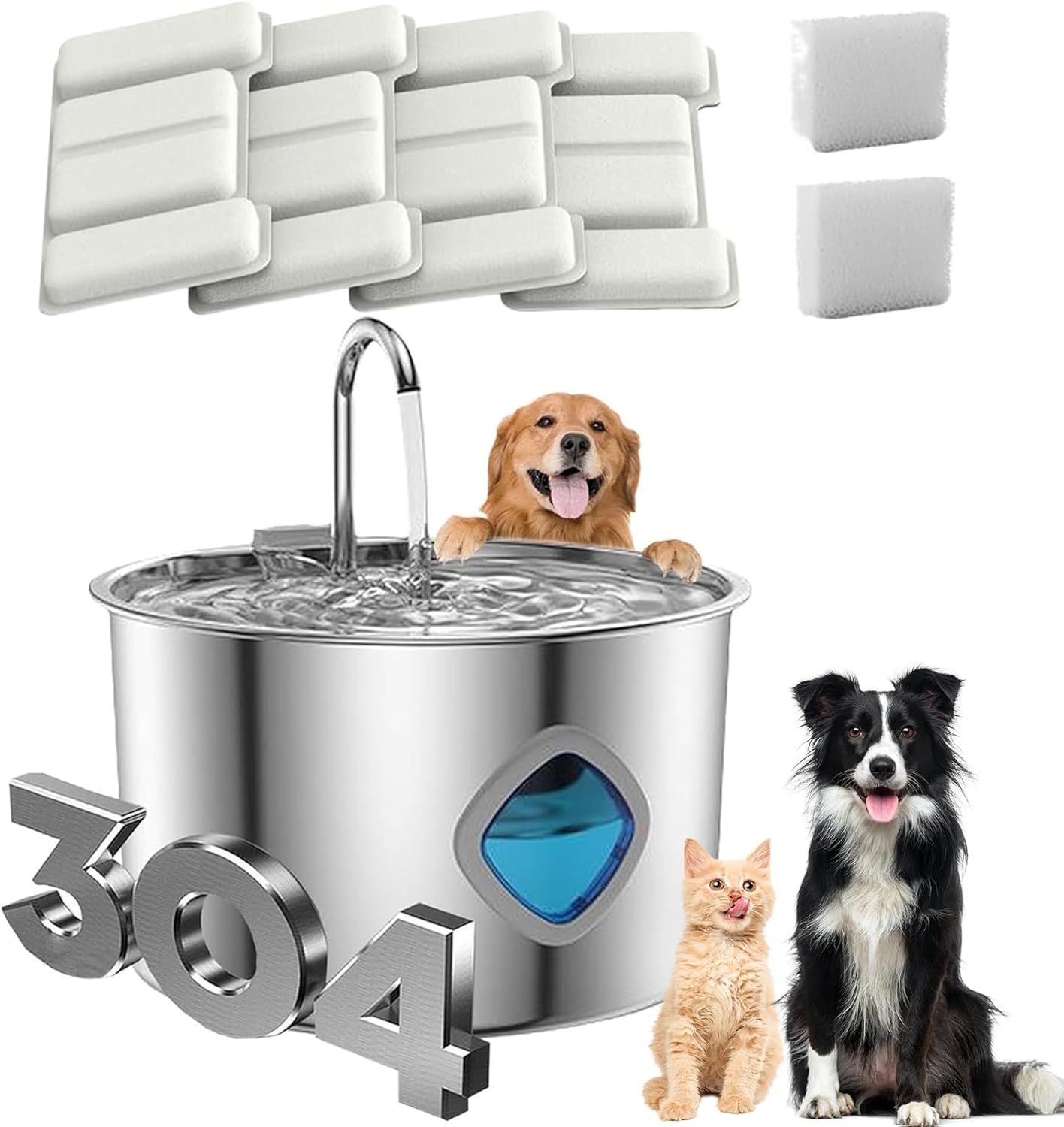 Dog Water Bowl, 2026 New Dog Water Fountain, 3.2l Filtered Water Bow with Continuous Circulating Water Flow, Stainless Steel Easy-to-Clean, Quiet Operation, Water Bowl for Dogs/Cats (Bowl+4 Filter)