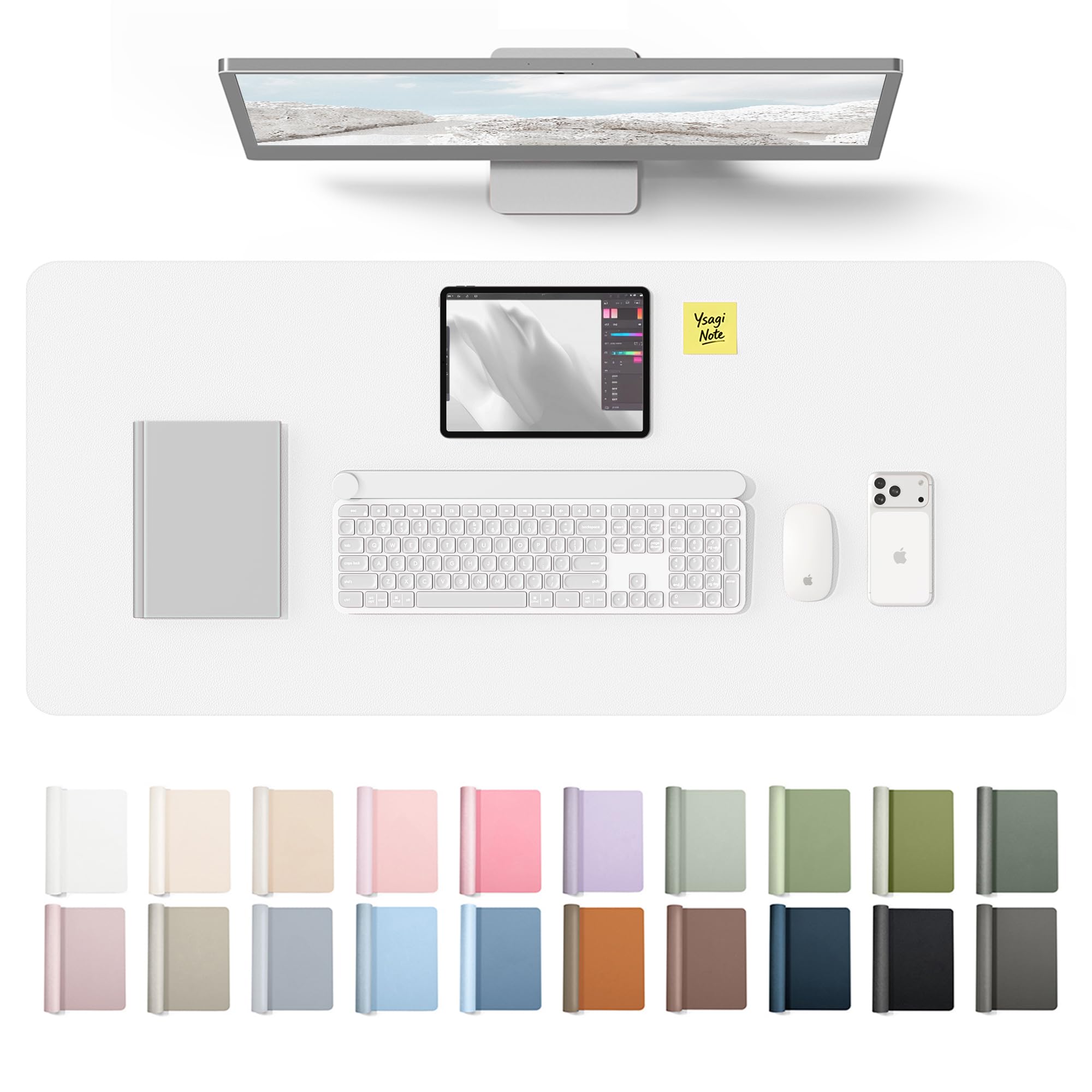YSAGi Leather Desk Protector, Office Mat, Large Mouse Mat, Non-Slip PU Leather Blotter, Laptop Desk Mat, Waterproof Writing Pad for Office and Home(White, 42" x 17.2") White 42" x 17.2"
