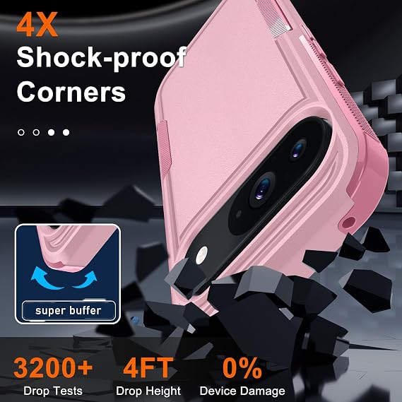 for Google Pixel 10 Pro XL Case with Wrist Lanyard Strap+Tempered Glass Screen Protector+Camera Lens Cover,Full Body Heavy Duty Rugged Shockproof Protective Phone Cover,Cute Pink