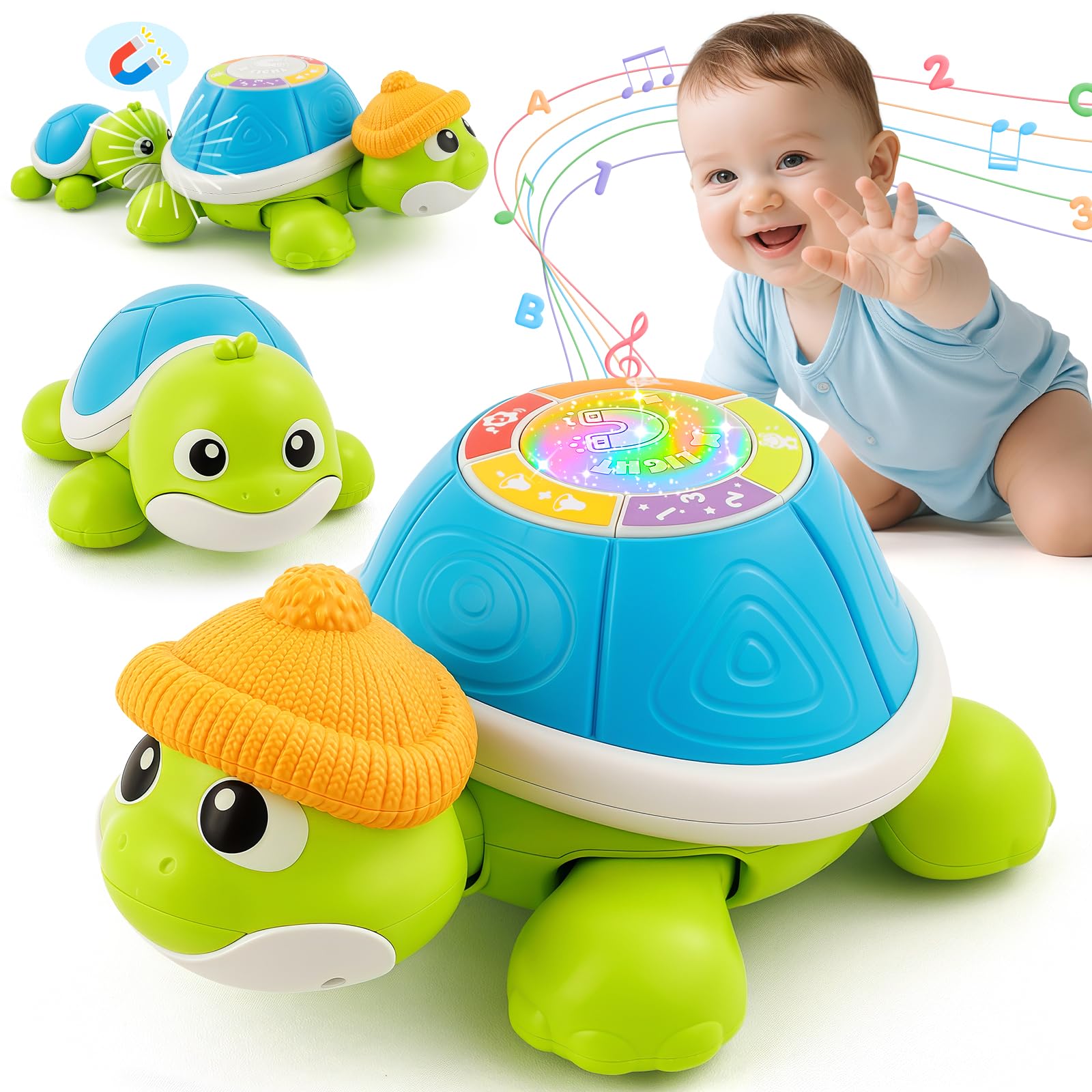 baby toys 6-12 months, musical turtle crawling infant toy set for tummy time, early educational learning toys, baby essentials toy, christmas birthday gifts for boy girl 7 8 9 10 11 month 0-1 year old
