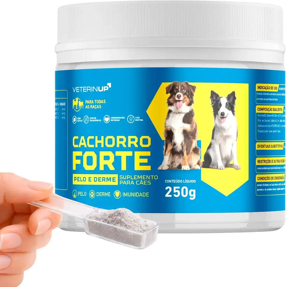 Suplemento Cachorro Forte Pelo & Derme 250g | Pele Saudável e Pelagem Forte | Auxilia na Queda de Pelos e Coceiras | Biotina, Zinco e Ômega 3 | VeterinUp