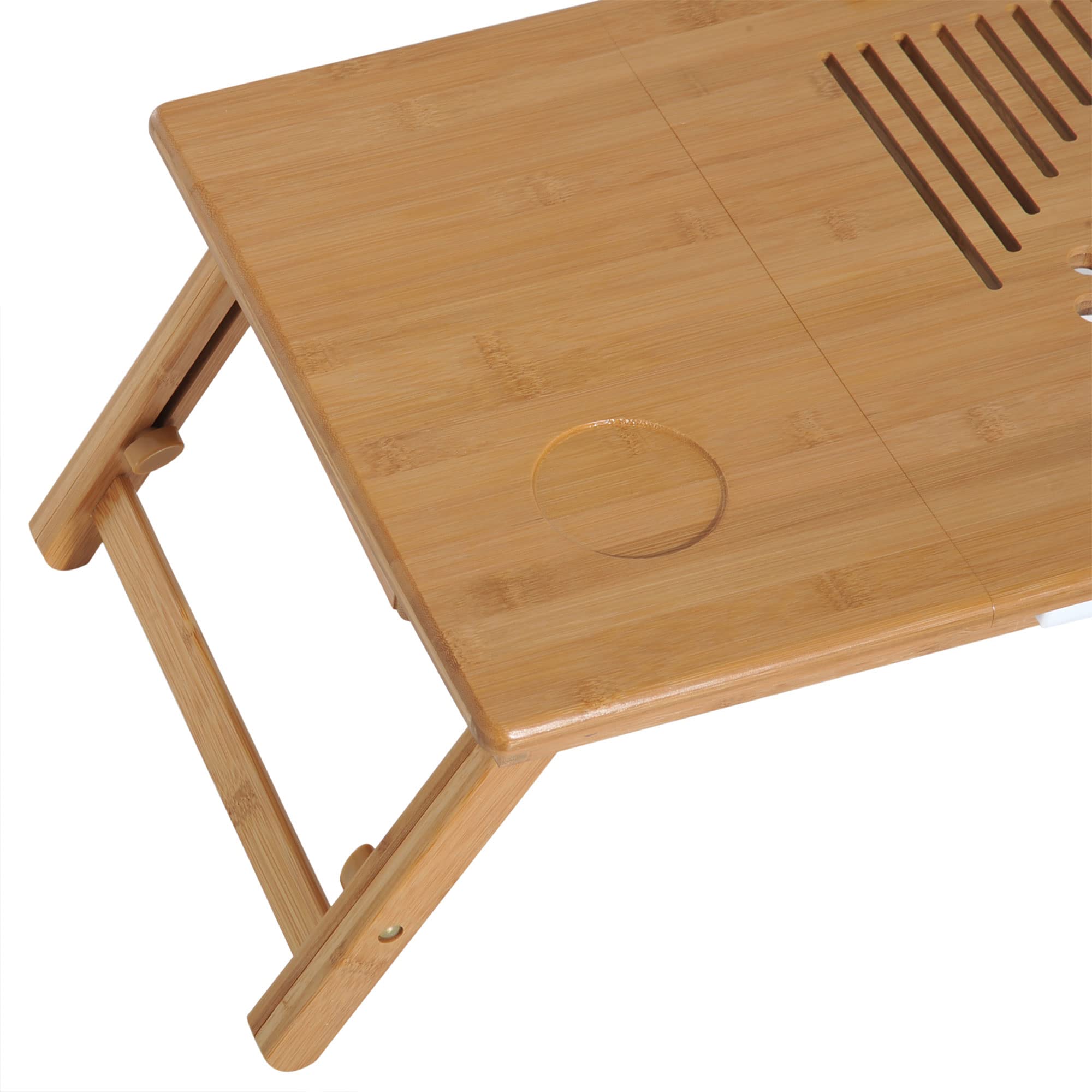HOMCOM Mesa Plegable de Bambú, Mesa de Ordenador Portátil, para Cama y Sofá, Altura Ajustable, Cajón, Patas Plegables, para Leer, Escribir, Comer, Trabajar, Natural