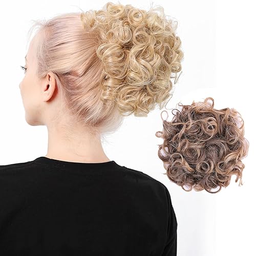 Miniatura 10 de Moño de pelo rizado sintético resistente al calor, moño de pelo desordenado con cordón (rubio platino)