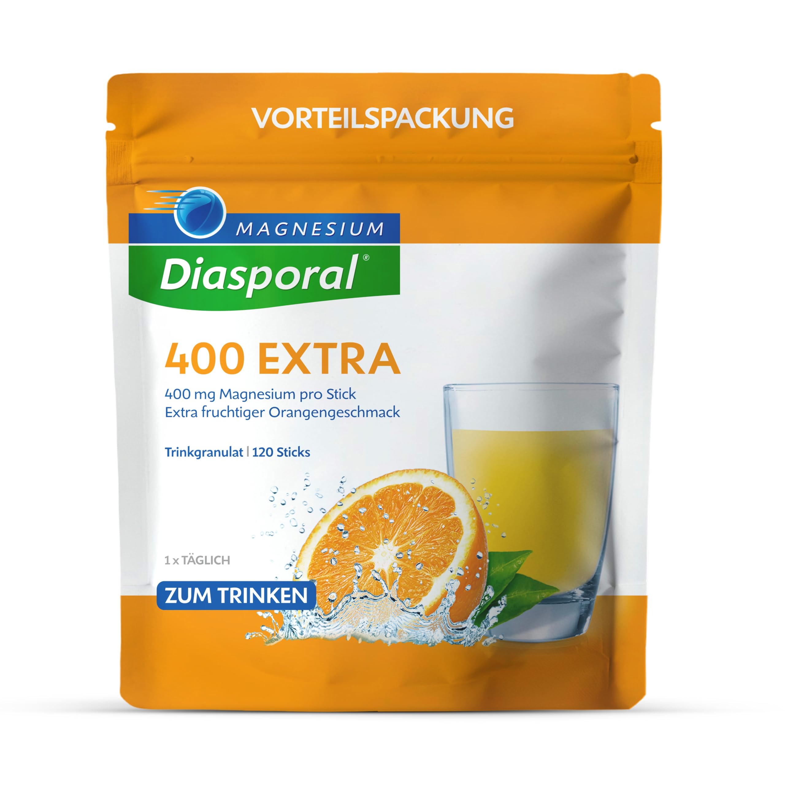 Magnesium-Diasporal 400 EXTRA Trinkgranulat Sticks - 120 Sticks | hochdosiertes Magnesiumcitrat | extra fruchtiger Orangengeschmack | bei erhöhtem Bedarf | vegan, zucker- & glutenfrei