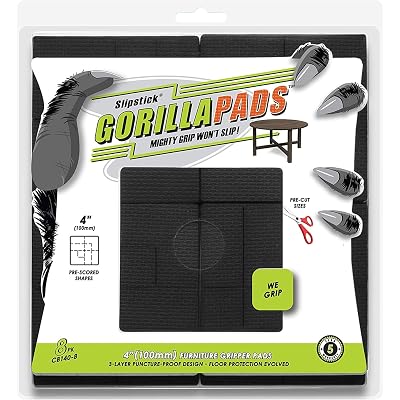 GorillaPads Non Slip Furniture Pads/Floor Grippers (Set of 8 Non Skid Floor Protectors) Pre-Scored to Cut to Multiple Size, 4 Inch Square, Black, CB140-8