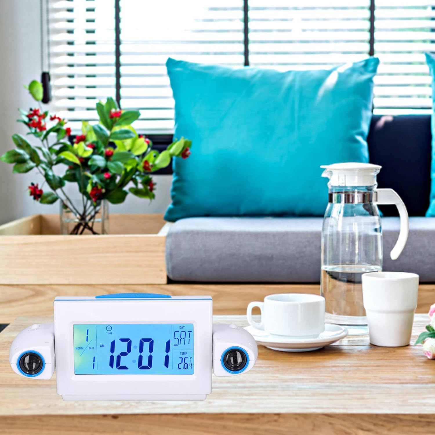 Projection Alarm Clock with Glareless LED Night Light, Voice Control, Temperature Display Ideal Kids, Family, Bedroom (B)