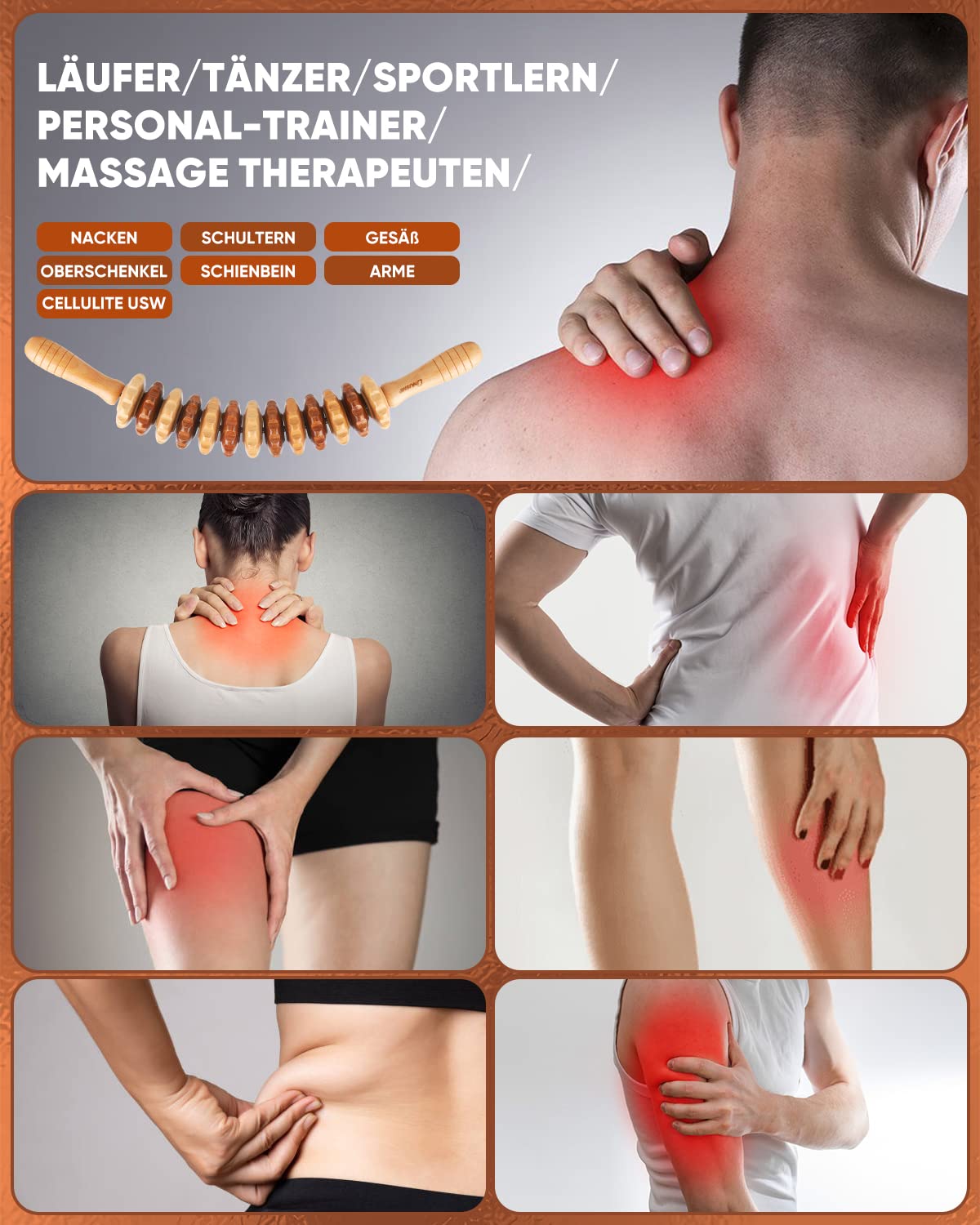 Massageroller Rücken Mit Griff Maderotherapie Set Anti Cellulite Massagegerät Massage Holz Geeignet Für Nacken,Beine,Rücken,Körper,2 Stück,Natürliche Holzfarbe