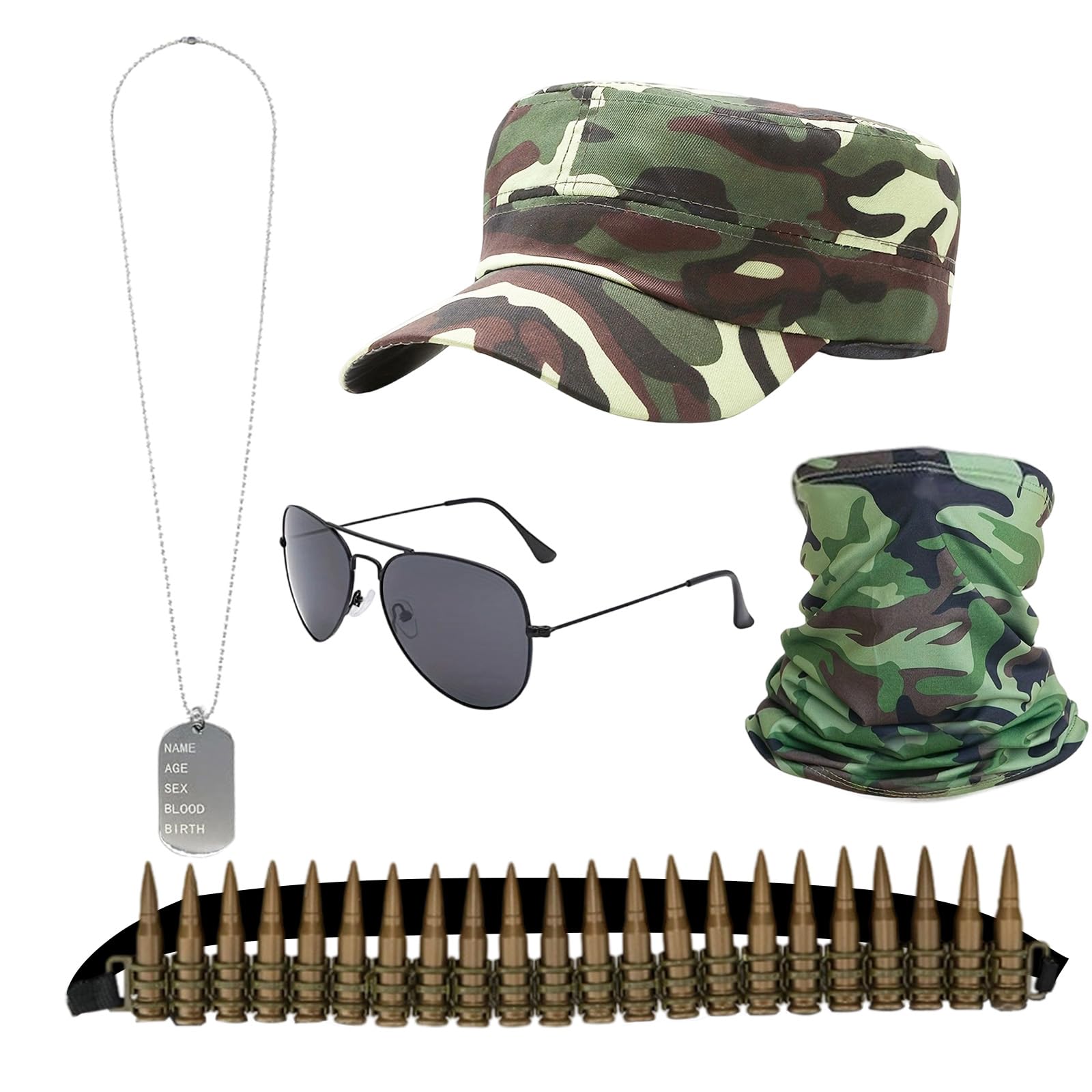 Zczfv 5Pcs Army Costume Women Camouflage Cosplay Costume Accessories, Army Costume Men with Sunglasses, Camo Hat, Dog Tag, Camouflage Neck Warmer, Bullet Belt for Adults Halloween