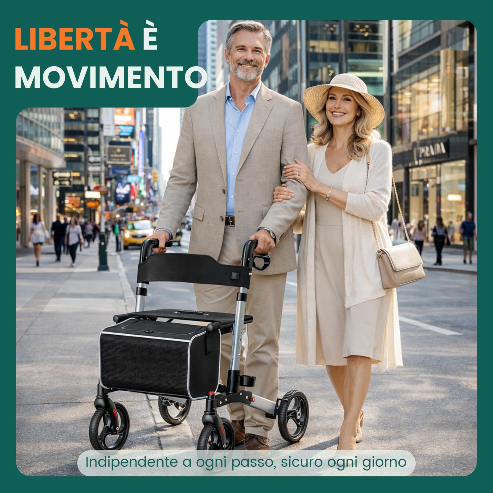 Rollator con seduta, Rollator a 4 ruote pieghevole per adulti, Portata fino a 136 kg, Sistema di doppio freno, Ruote da 8"", 6 livelli di altezza regolabile, Borsa rimovibile & Schienale – Argento
