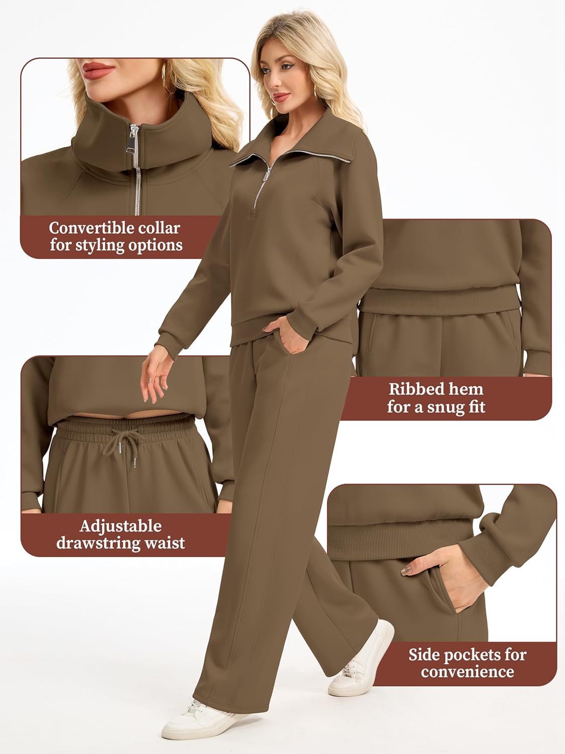 Motarto Women's 2 Pcs Outfits Sweatsuit Set Oversized Lapel Half Zip Sweatshirt Wide Leg Sweatpants Lounge Matching Tracksuit - Image 4