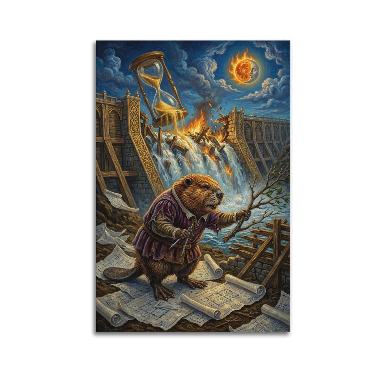 XKUGA Surreal Vintage Animal Poster Beaver Hourglass Flood Satire Modern Decorative Canvas Prints - Ideal Wall Art for Family, Man Cave, Game Room, Boys & Girls Bedroom 24x36inch(60x90cm)