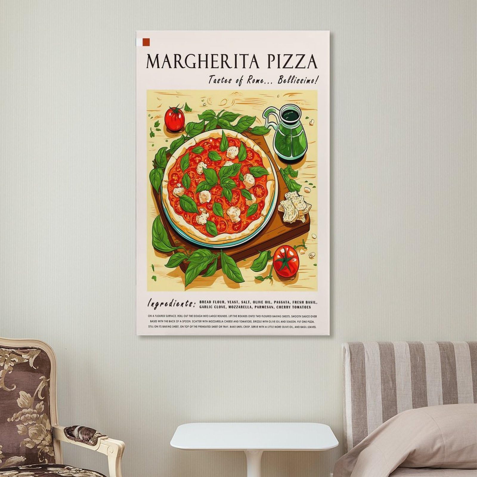 XJRZHLDU Margherita Pizza-Poster, Retro-Restaurant-Poster, italienische Küche, Esszimmer, Poster, 2 Leinwand-Poster, Schlafzimmerdekoration, Landschaft, Büro, Raumdekoration, Geschenk, 60 x 90 cm