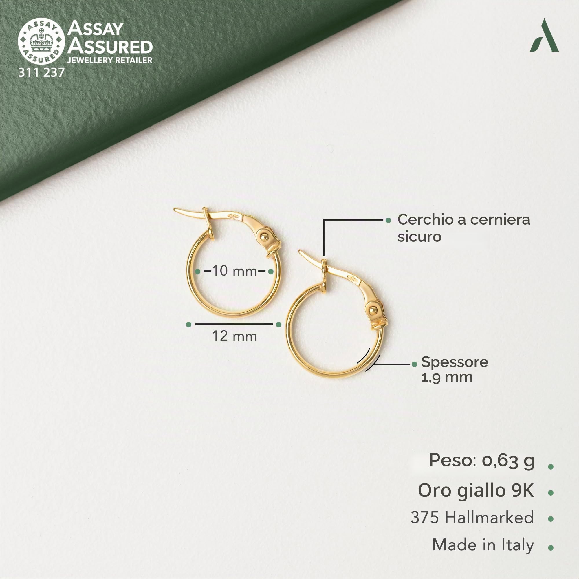 Amberta Orecchini a Cerchio in Oro Massiccio 9kt 14kt da Donna, Cerchietti Piccoli Sottili Lisci Classici, Cerchi in Oro 9 14 carati 10,15, 20, 25 mm Made in Italy