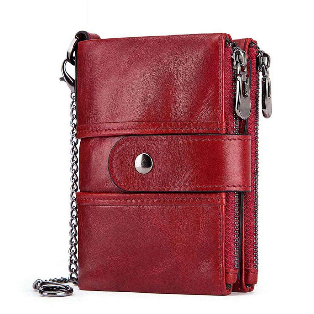boshiho Real Leather RFID Blocking Bifold Wallets for Men Double Zipper Coin Pocket Purse with Anti-Theft Chain