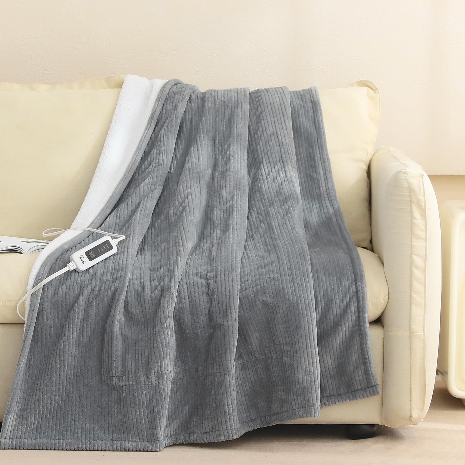 Reaks Heated Electric Blanket Throw - 50" x 60" Heating Blanket with 4 Fast Heating Levels & 3 Hours Auto Off, Soft Warm Flannel Sherpa Blankets for Home Office, ETL&FCC Certification, Light Grey