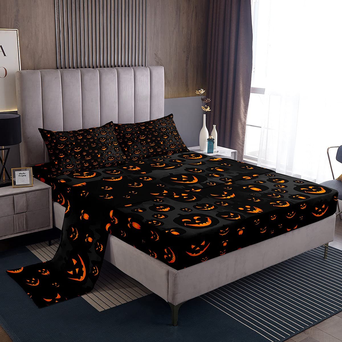 Feelyou 3D Pumpkin Bed Set Cute Halloween Bed Sheets for Kids Boys Girls Children Orange Black Sheet Set