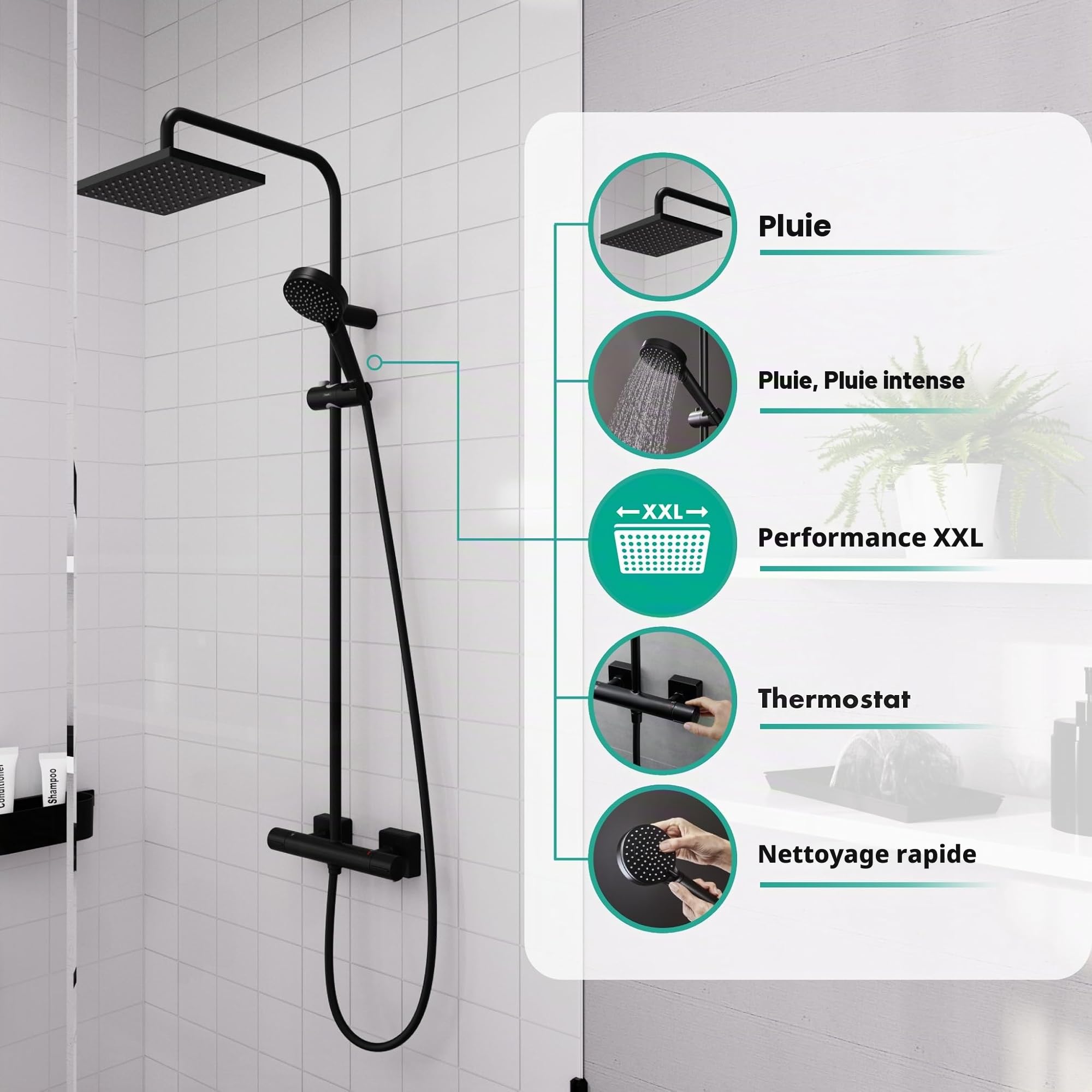 hansgrohe Vernis Shape - Colonne de douche avec mitigeur thermostatique, douche pluie avec robinet, douchette, support, flexible de douche, barre et douche de tête carrée 1 jet, Noir mat, 26286670