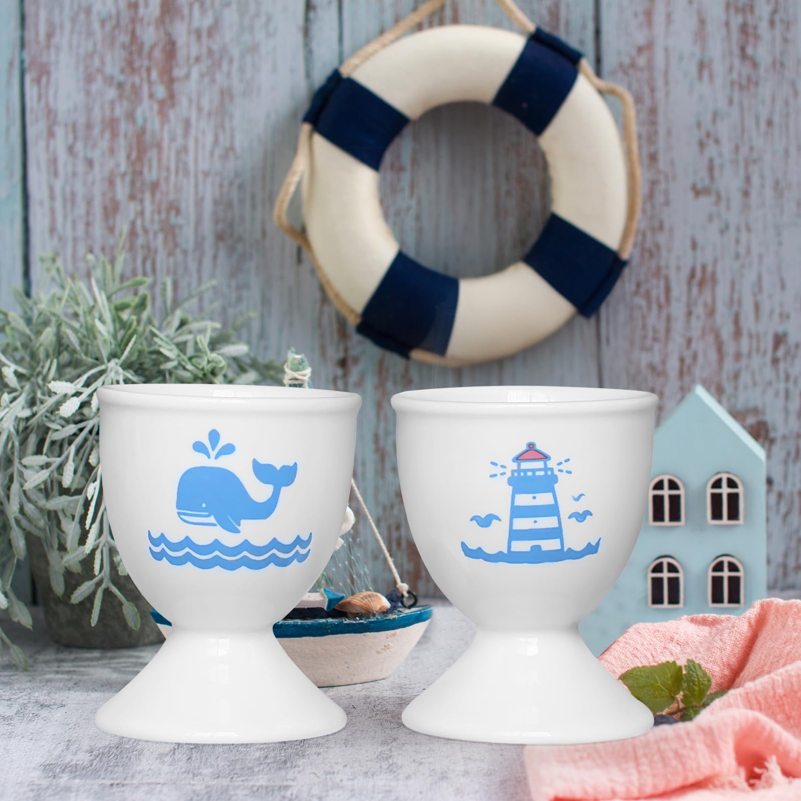 Cinf Ceramic Egg Cups, 2 Pack, Lighthouse Whale Holders for Boiled Eggs